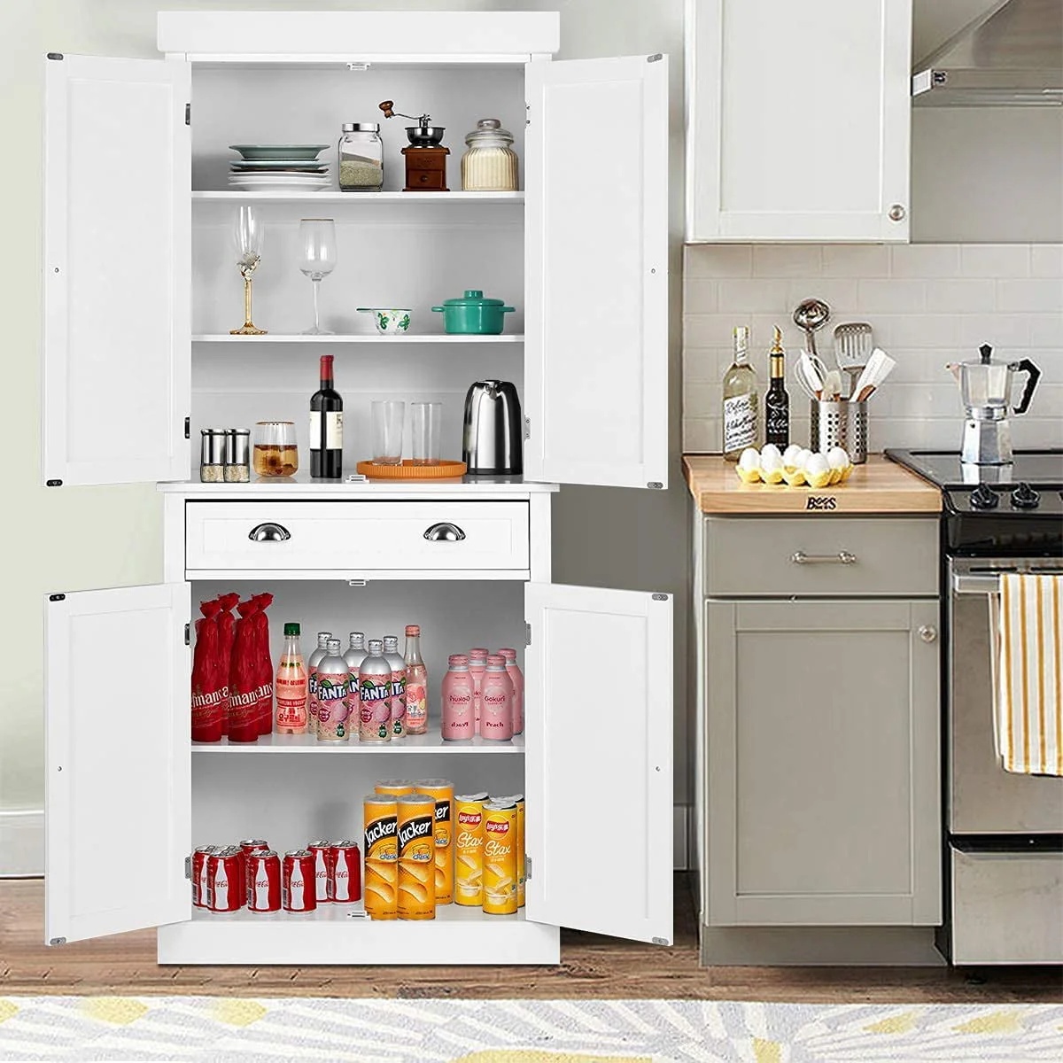 Yoleny Kitchen Pantry, 72-?Freestanding Storage Cabinets with Doors and Shelves, Elegant Colonial Design Cabinet Cupboard, White - Image 4