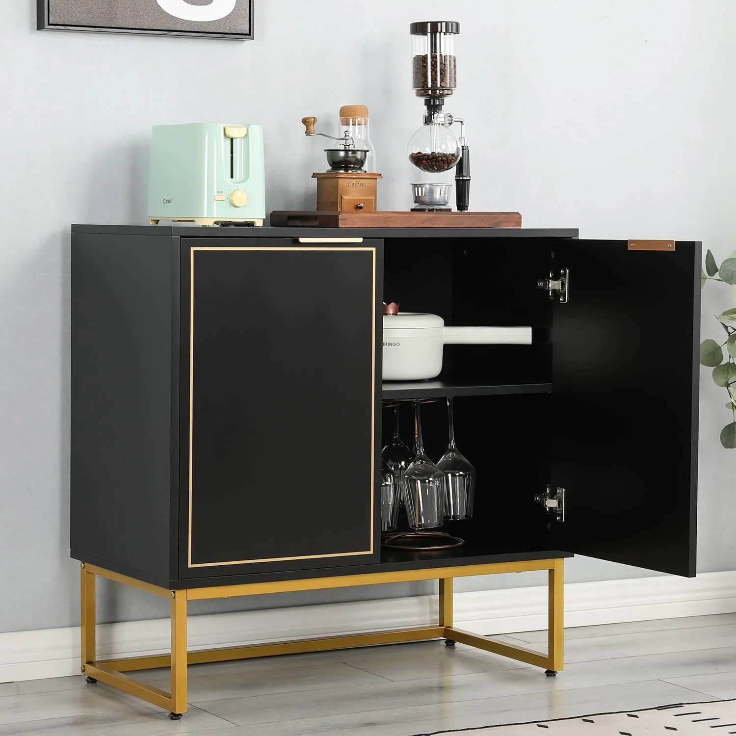 Yoleny 31'' Buffet Cabinet with Storage, Accent Cabinet with 2 Doors, Gold Trim and Golden Legs, Wooden Sideboard with Adjustable Shelf and Feet for Bedroom, Living Room, Kitchen, Hallway, Black - Image 9
