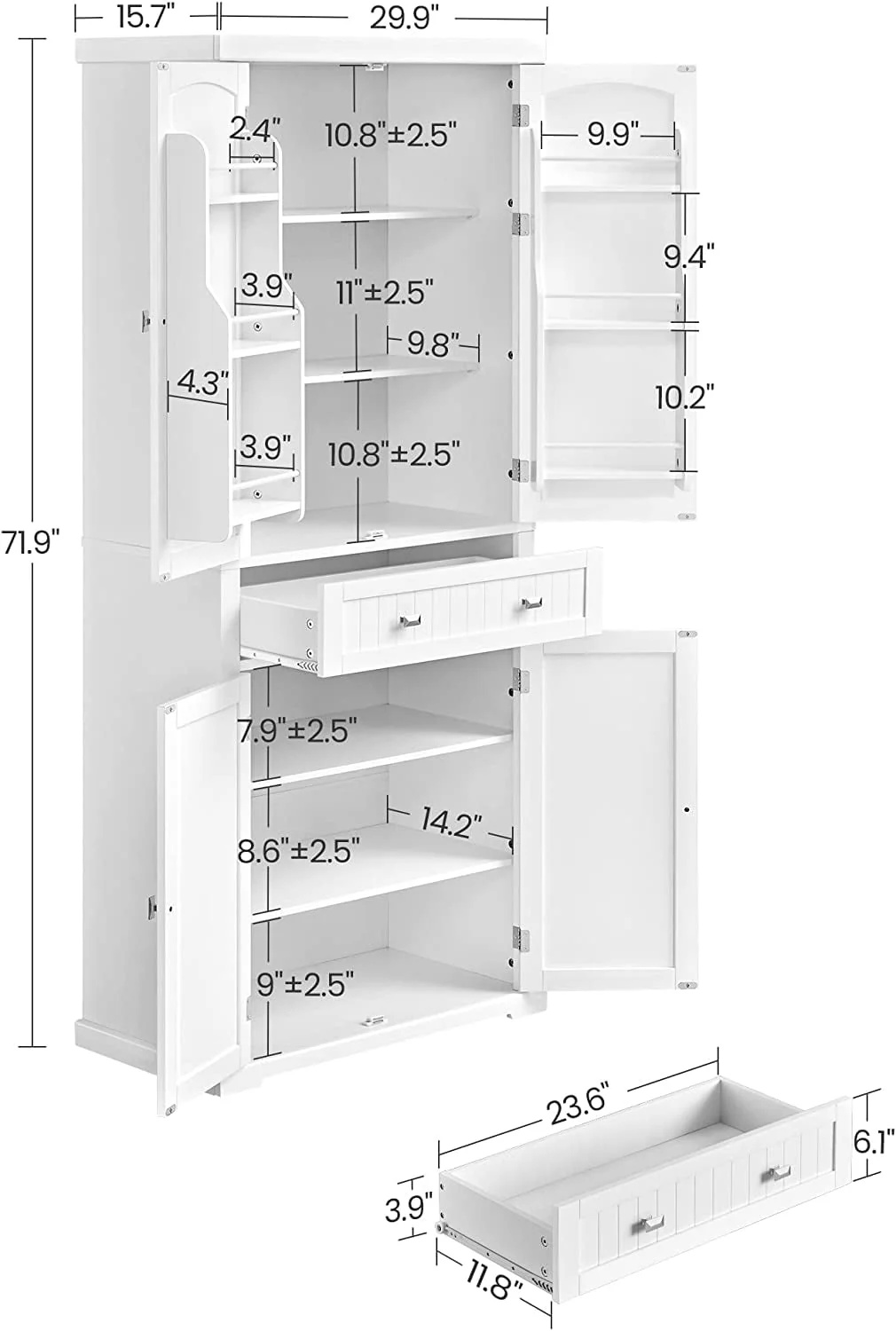 VASAGLE 71.9 Inch Kitchen Pantry Storage Cabinet Tall Freestanding Cupboard with 1 Large Drawer 6 Hanging Shelves for Dining Room Laundry White - Image 3