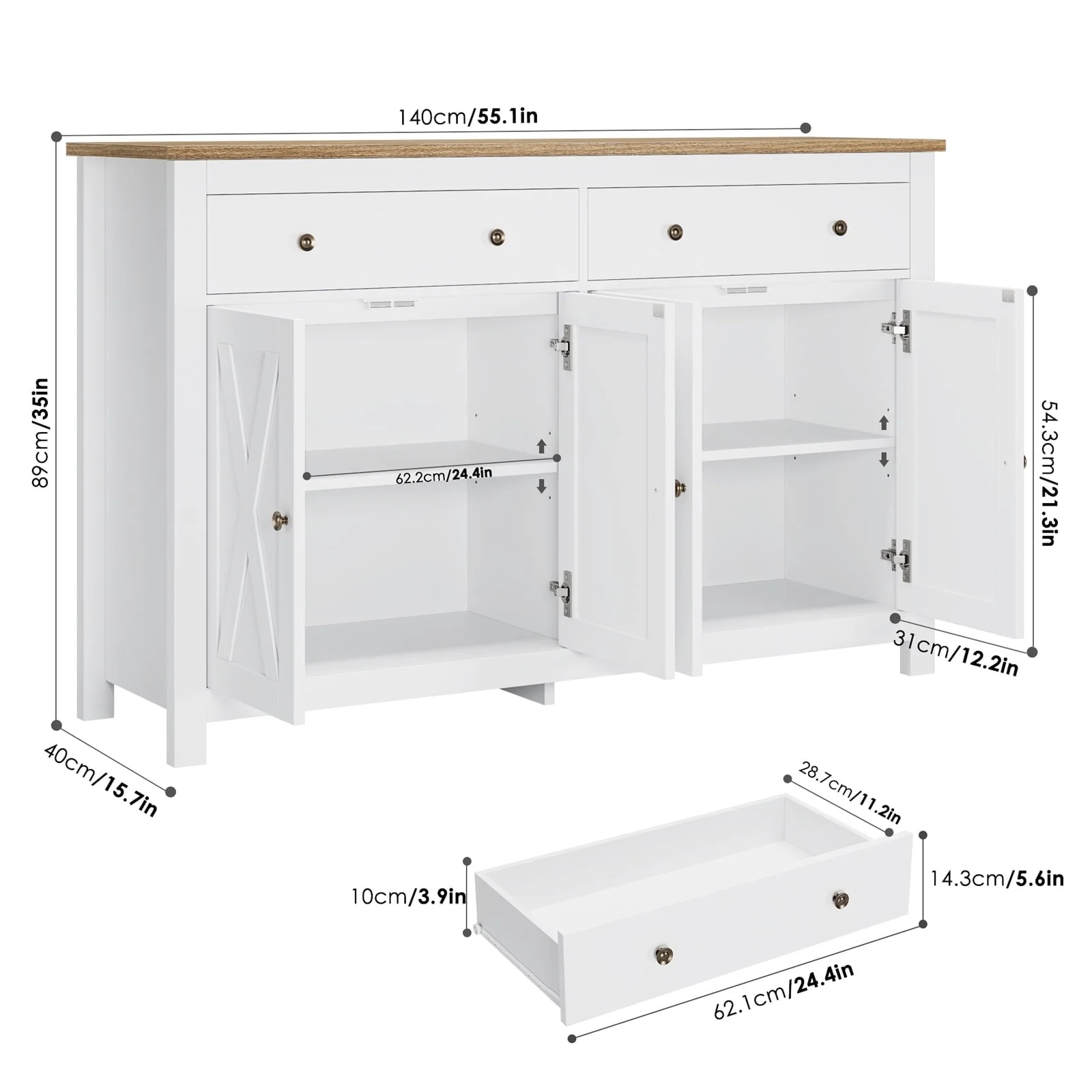 Homfa 4-Doors 2-Drawers Farmhouse Storage Cabinet, Wood Sideboard with Adjustable Shelves, White - Image 2