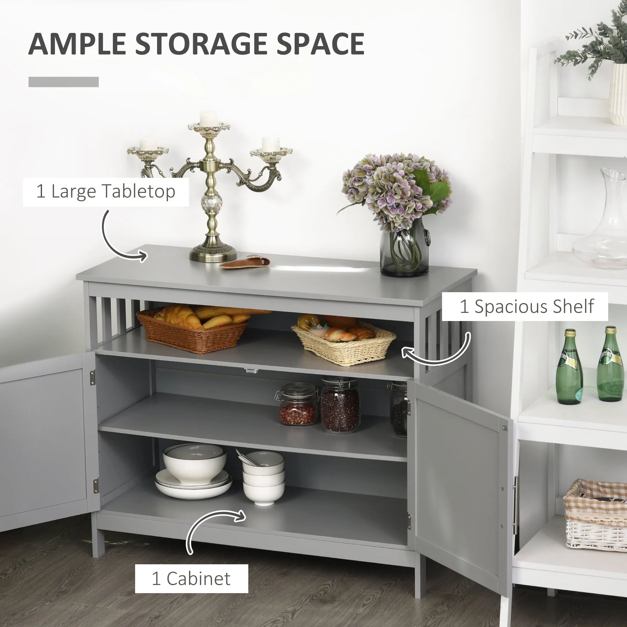 HomCom Kitchen Console Table/Buffet Sideboard/Wooden Storage Table with 2-Level Cabinet and Open Shelf, Grey - Image 6