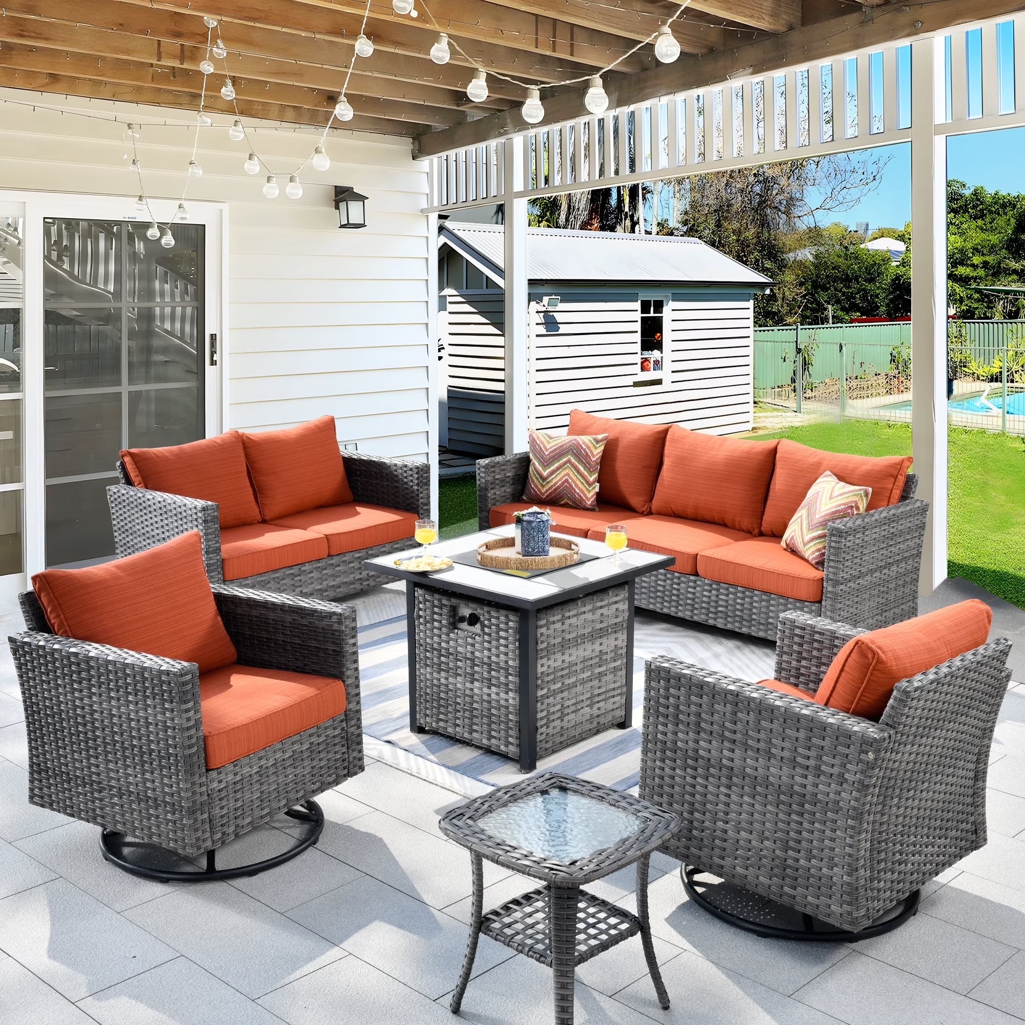 Ovios 6 Pieces Outdoor Patio Furniture Set with Gas Propane Fire Pit Table Wicker Outdoor Conversation Set with Swivel Rocking Chair for Backyard, Cushion Beige - Image 5