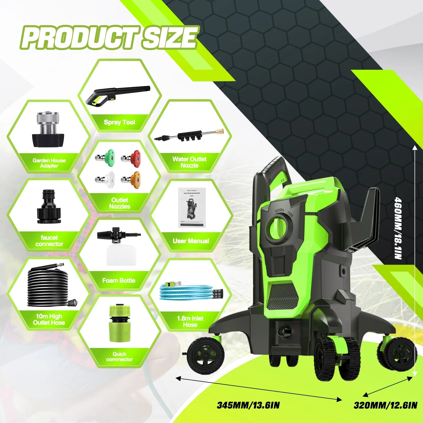 Electric Pressure Washer, 4000PSI Max. 2.8 GPM Power Washer w/ 32 ft Hose and 32 ft Power Cord, 4 Quick Connect Nozzles, 4 Wheels, Foam Cannon, Suitable For Clean Cars, Patios, Driveways - Image 10