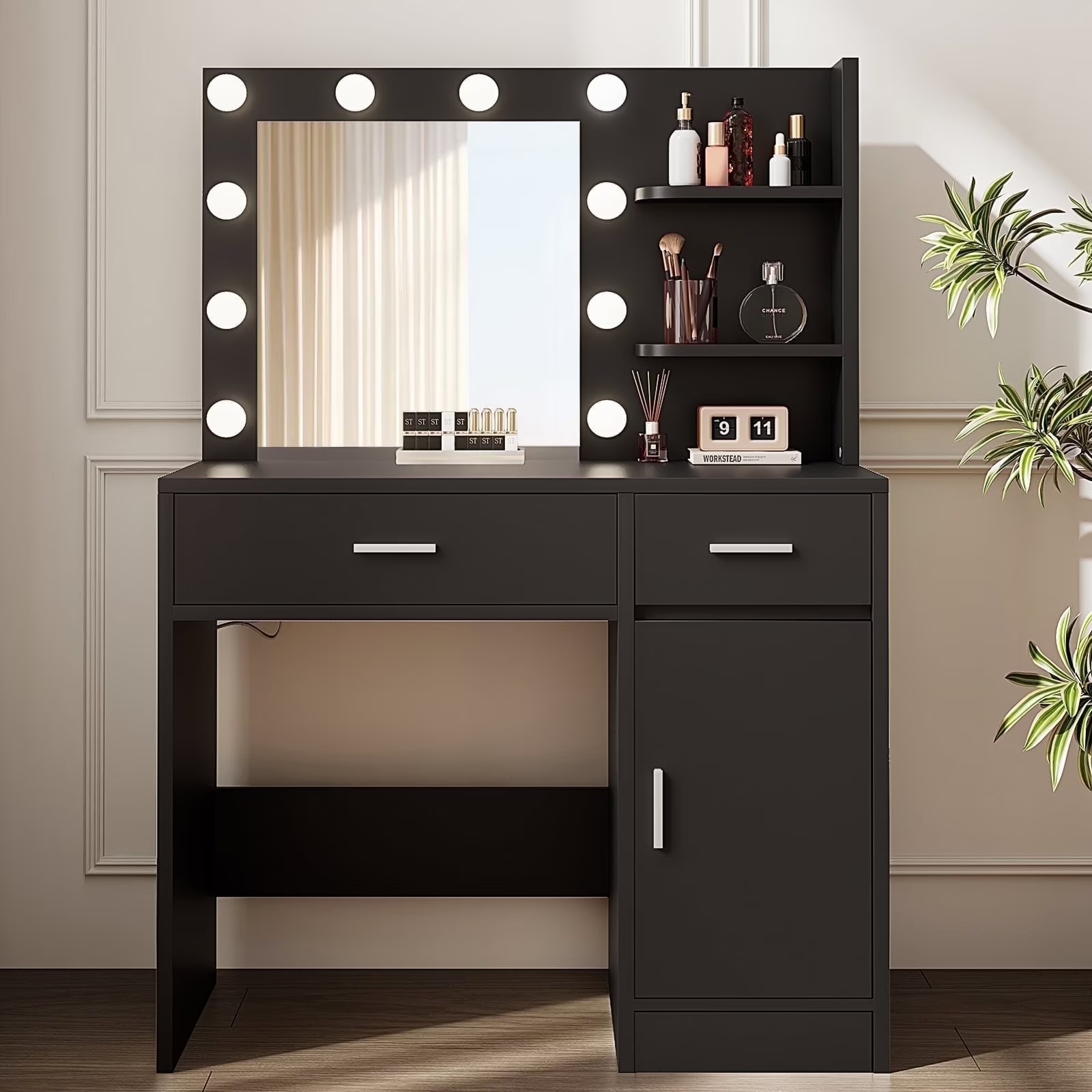 LIVELYGLOW Vanity Desk with Mirror and Lights, Makeup Vanity with Drawer & Storage Shelves, Cabinet, 3 Lighting Modes Adjustable Brightness,White - Image 11