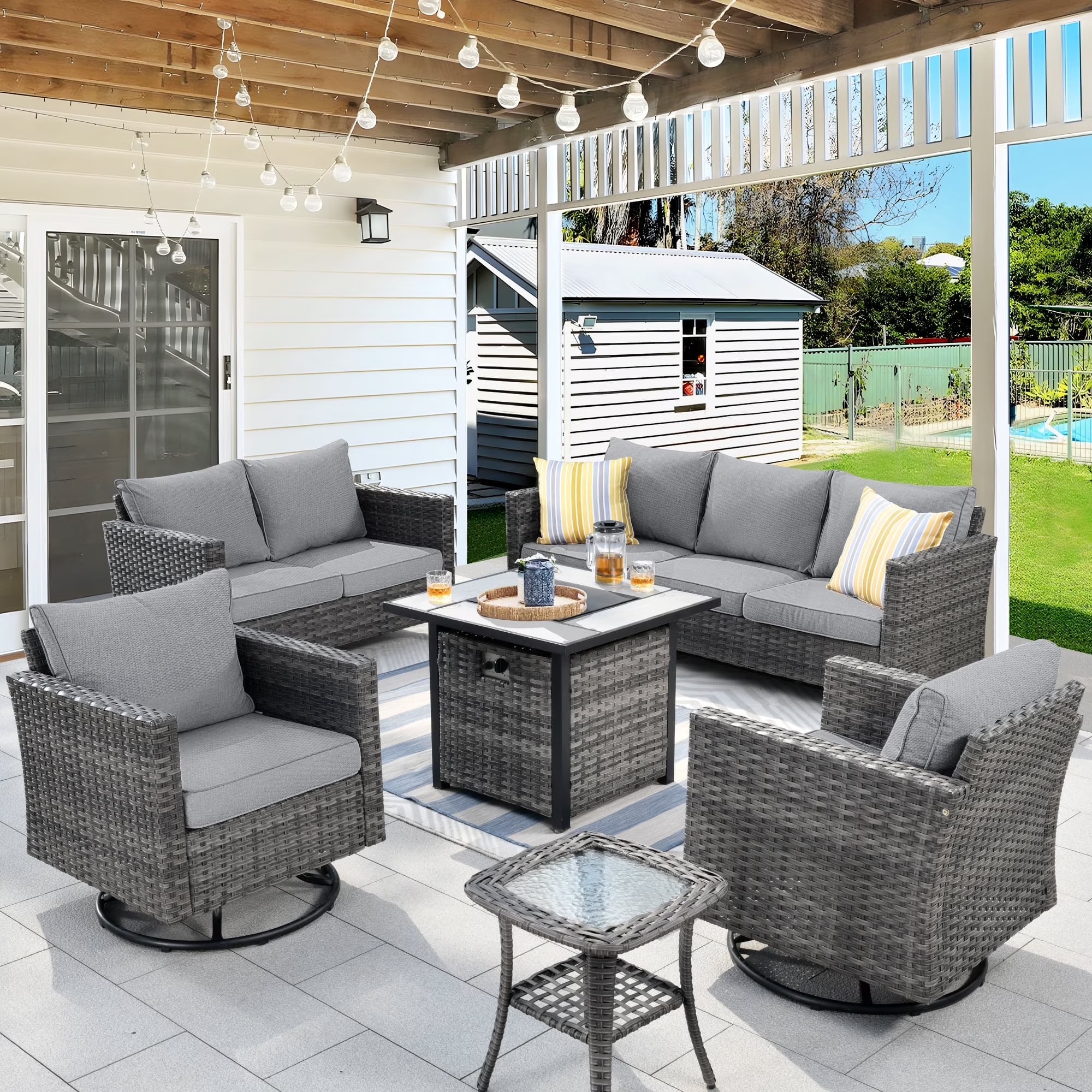 Ovios 6 Pieces Outdoor Patio Furniture Set with Gas Propane Fire Pit Table Wicker Outdoor Conversation Set with Swivel Rocking Chair for Backyard, Cushion Beige - Image 3