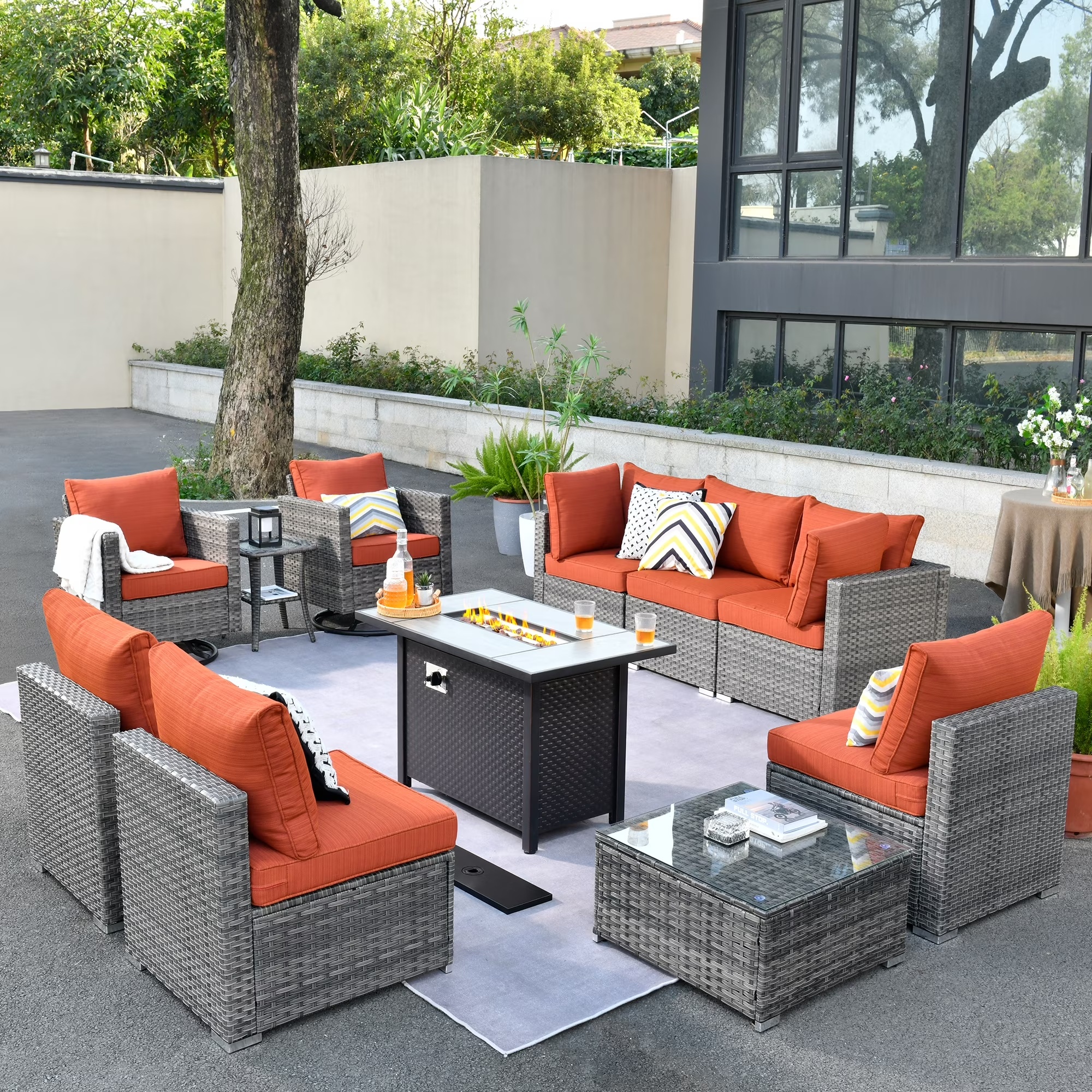 Ovios 11 Pieces Patio Fire Pit Set Outdoor Wicker Sectional Sofa Conversation Set with Swivel Rocking Chairs and Side Table,Dark Gray - Image 3