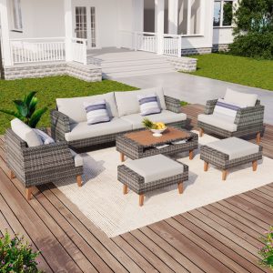 6 Pieces Wicker Patio Furniture Set Outdoor Conversation Set, All Weather PE Rattan Sectional Sofa Couch with Storage Table and Cushions, Beige