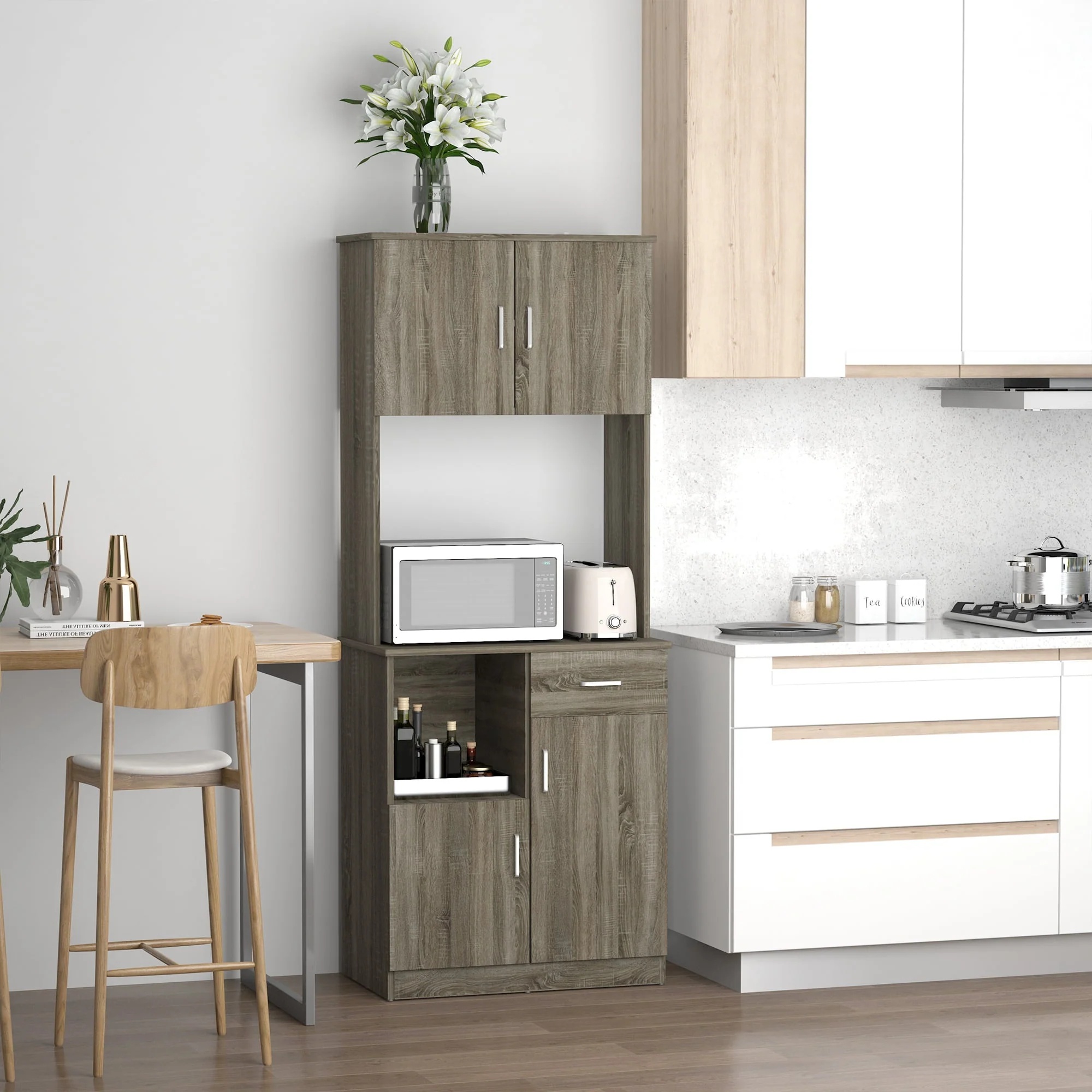 HOMCOM Kitchen Pantry Storage Cabinet with Microwave Stand, Buffet with Hutch, Door Cupboards, Drawer and Adjustable Shelves, Gray - Image 7