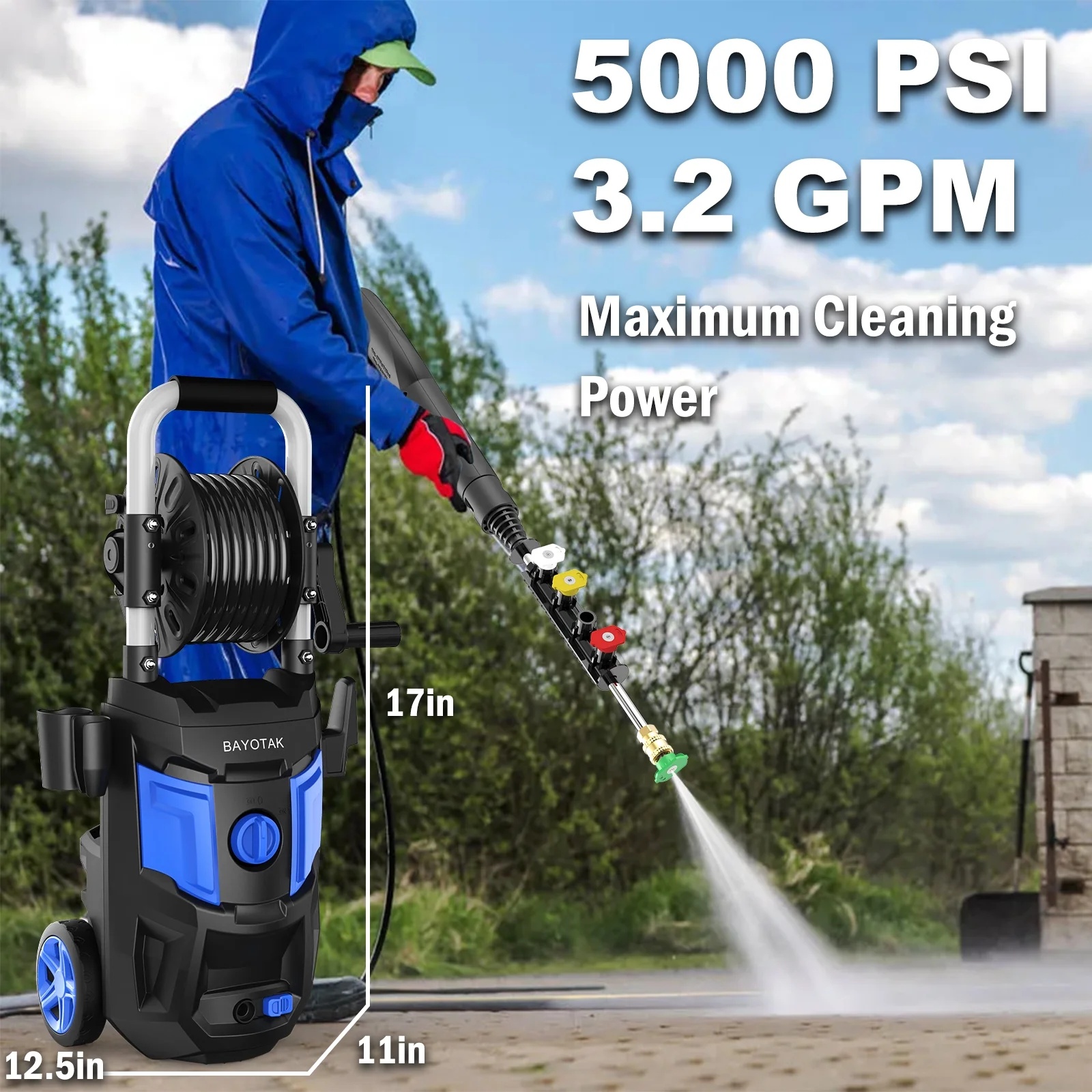 Electric Pressure Washer 5000 PSI 3.2 GPM - with 35 FT Power Cord, 20 FT Hose, 4 Connect Nozzles, Foam Cannon & Hose Reel | Ideal for Cars, Patios, Garages | Blue - Image 6