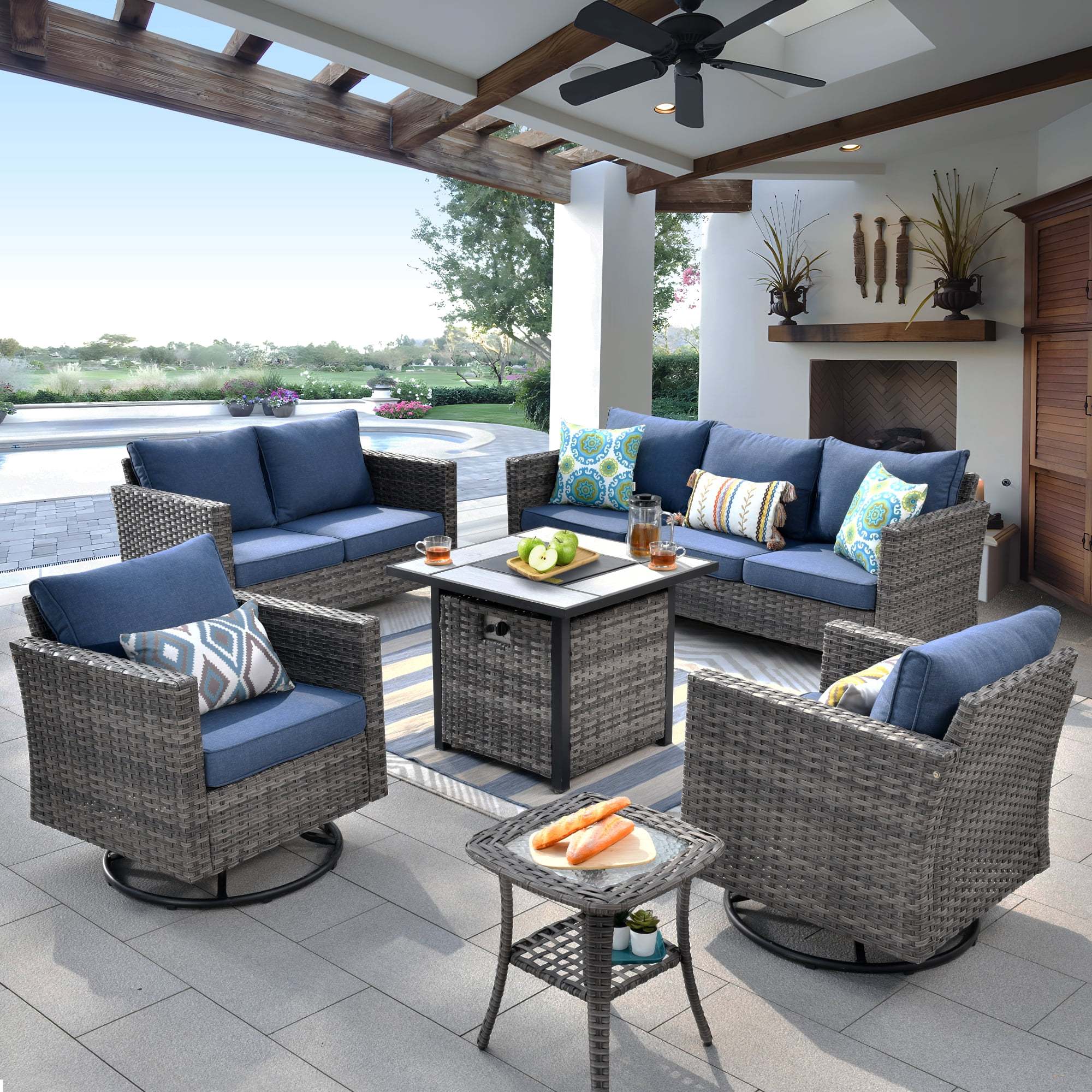 Ovios 6 Pieces Outdoor Patio Furniture Set with Gas Propane Fire Pit Table Wicker Outdoor Conversation Set with Swivel Rocking Chair for Backyard, Cushion Beige - Image 37