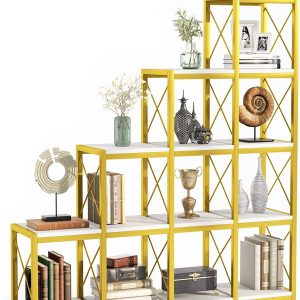 MESHAEE 14 Shelves Bookshelves, Industrial Ladder Corner Etagere Bookcase, Rustic 5-Tier Display Open Shelf Storage Organizer for Living Room