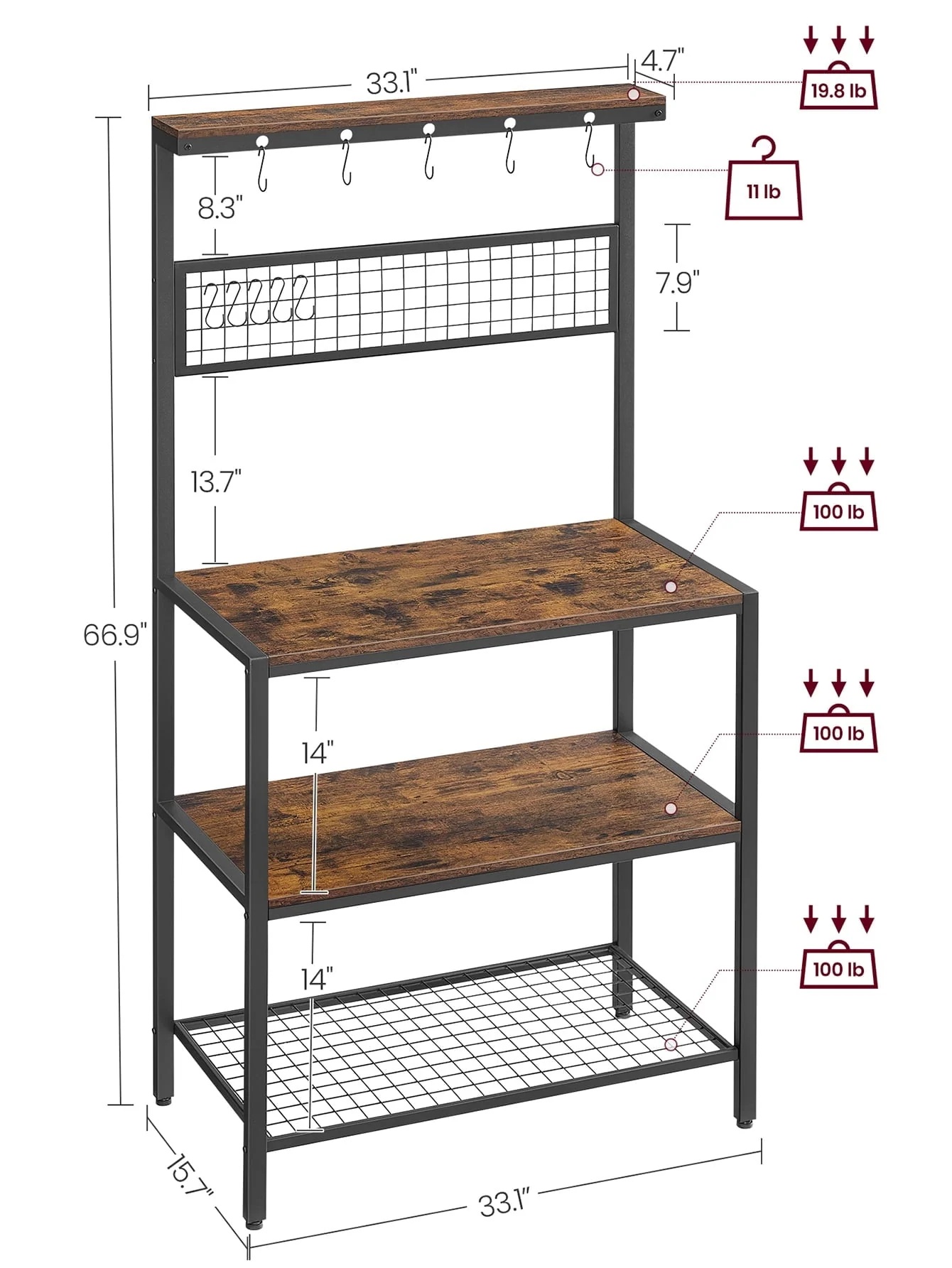 VASAGLE Kitchen Baker's Rack Coffee Bar Storage Shelf Island Rack Microwave Stand with 10 Hooks 3 Shelves Rustic Brown and Black - Image 10