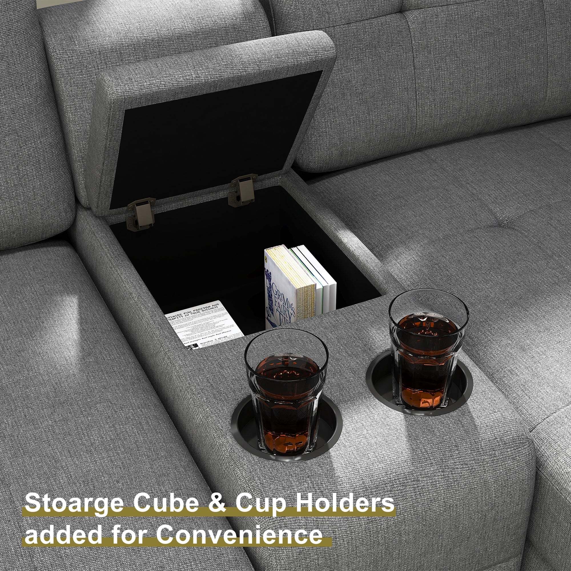 HONBAY Reversible Sectional Sofa Modern Upholstered L Shaped Couch with Cup Holders & Storage Console for Living Room, Grey - Image 4