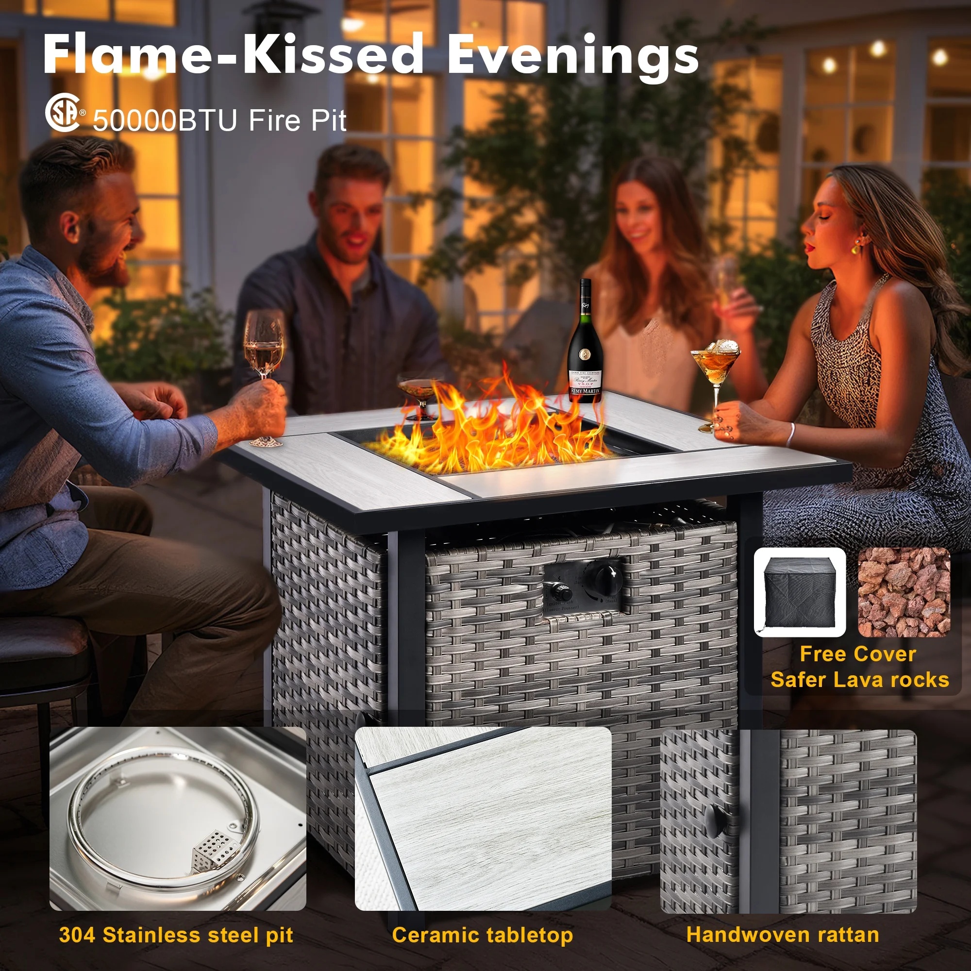 Ovios 6 Pieces Outdoor Patio Furniture Set with Gas Propane Fire Pit Table Wicker Outdoor Conversation Set with Swivel Rocking Chair for Backyard, Cushion Beige - Image 10