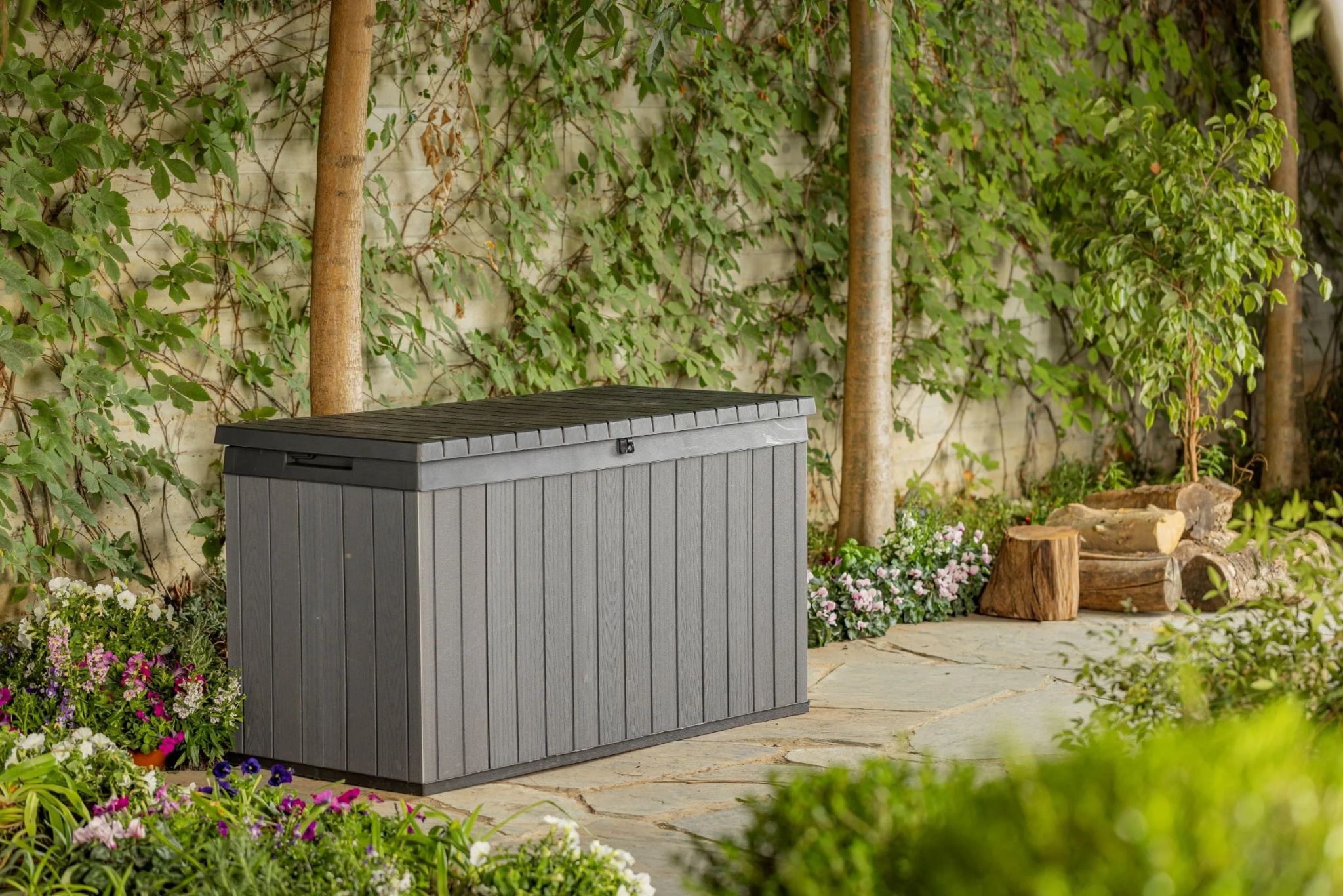 Keter Darwin 100 Gallon Large Resin Deck Box for Patio Outdoor Storage, Grey - Image 15