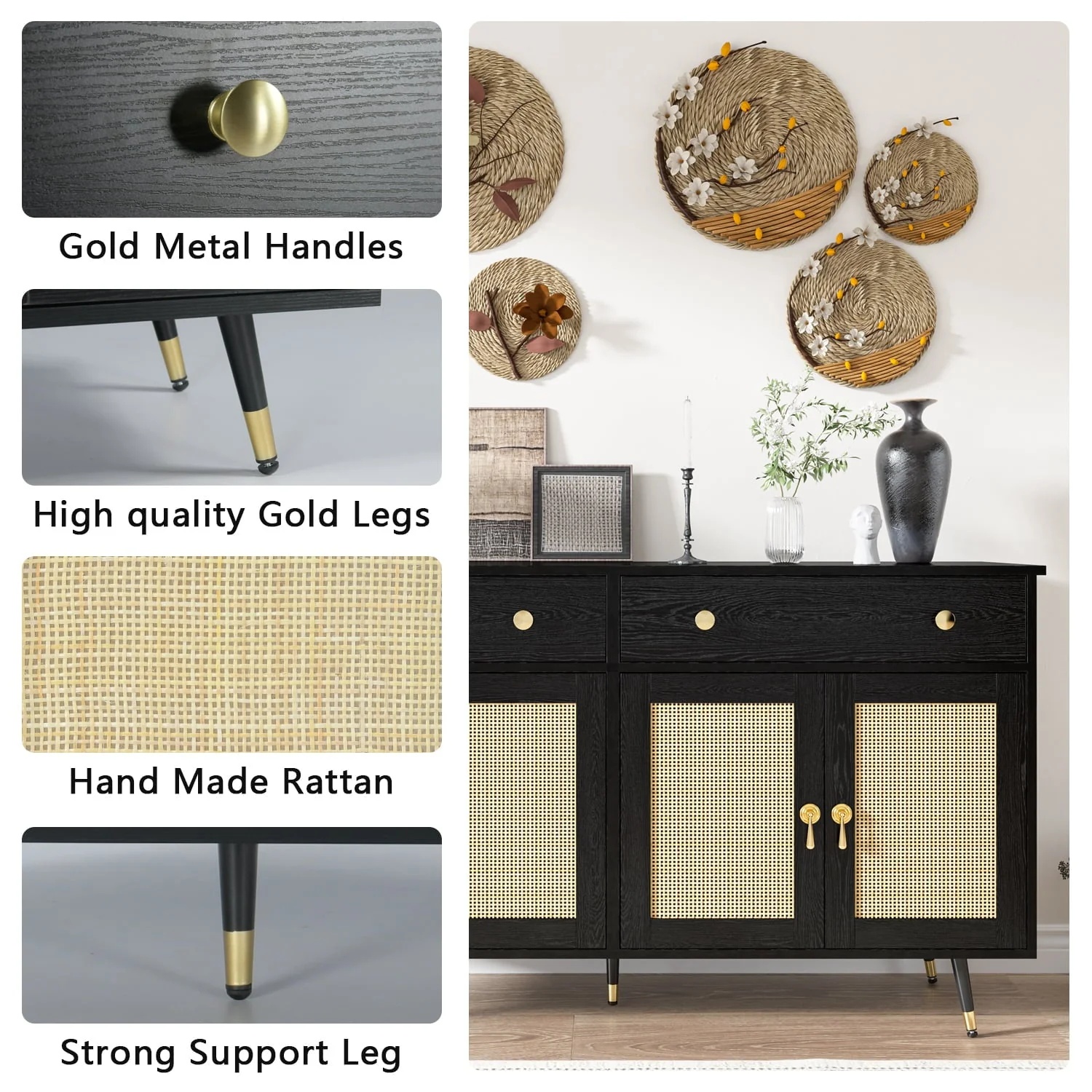 Catrimown Sideboard Buffet Cabinet, 2 Drawer and 4 Rattan Door Sideboard Storage Cabinet, Black - Image 5