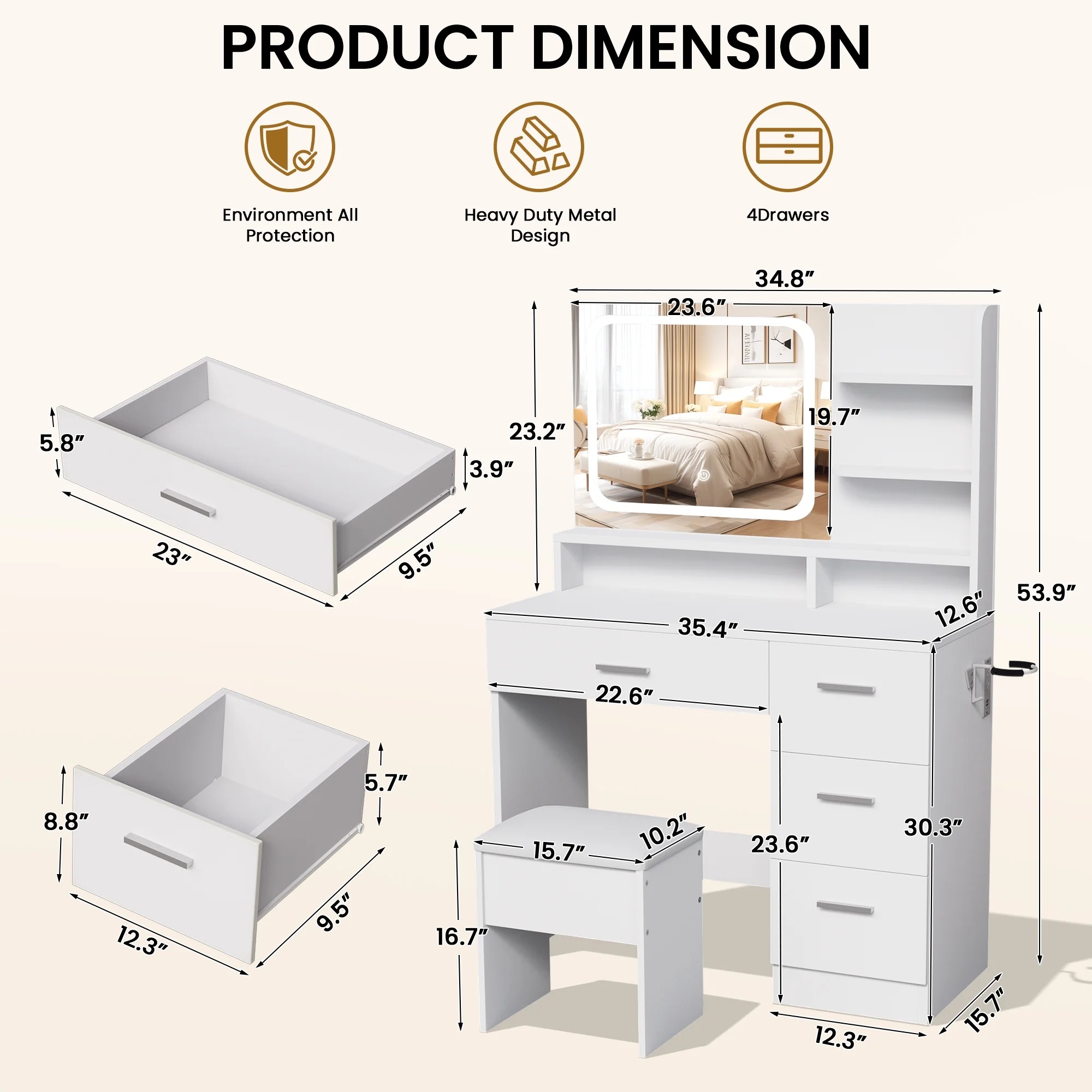 LIVELYGLOW Vanity Desk with Mirror and Lights, Makeup Vanity with Drawer & Storage Shelves, Cabinet, 3 Lighting Modes Adjustable Brightness,White - Image 32
