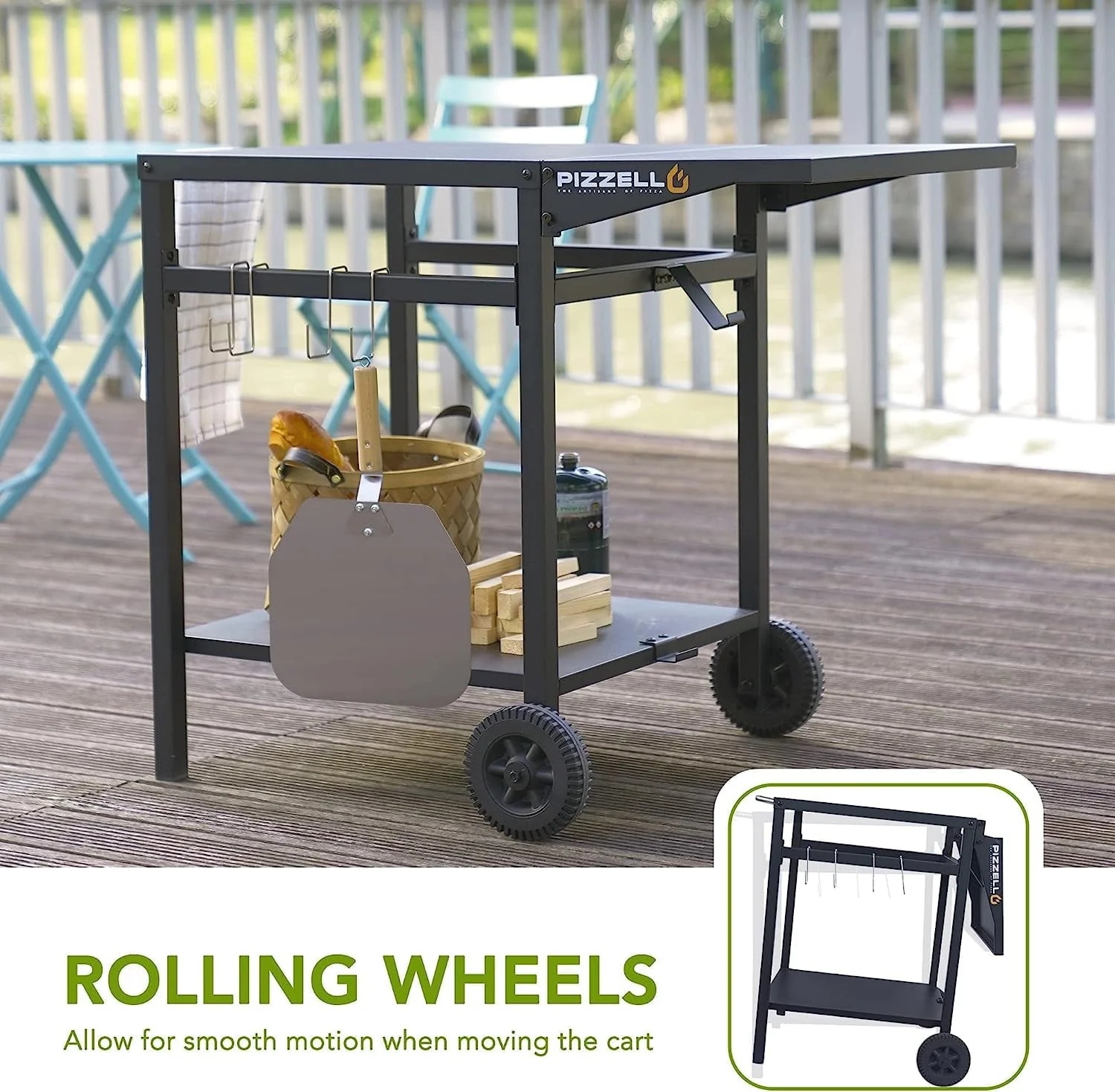 Pizzello Outdoor Bar Cart with Storage Wheel Hook Expandable Countertop, Black - Image 4