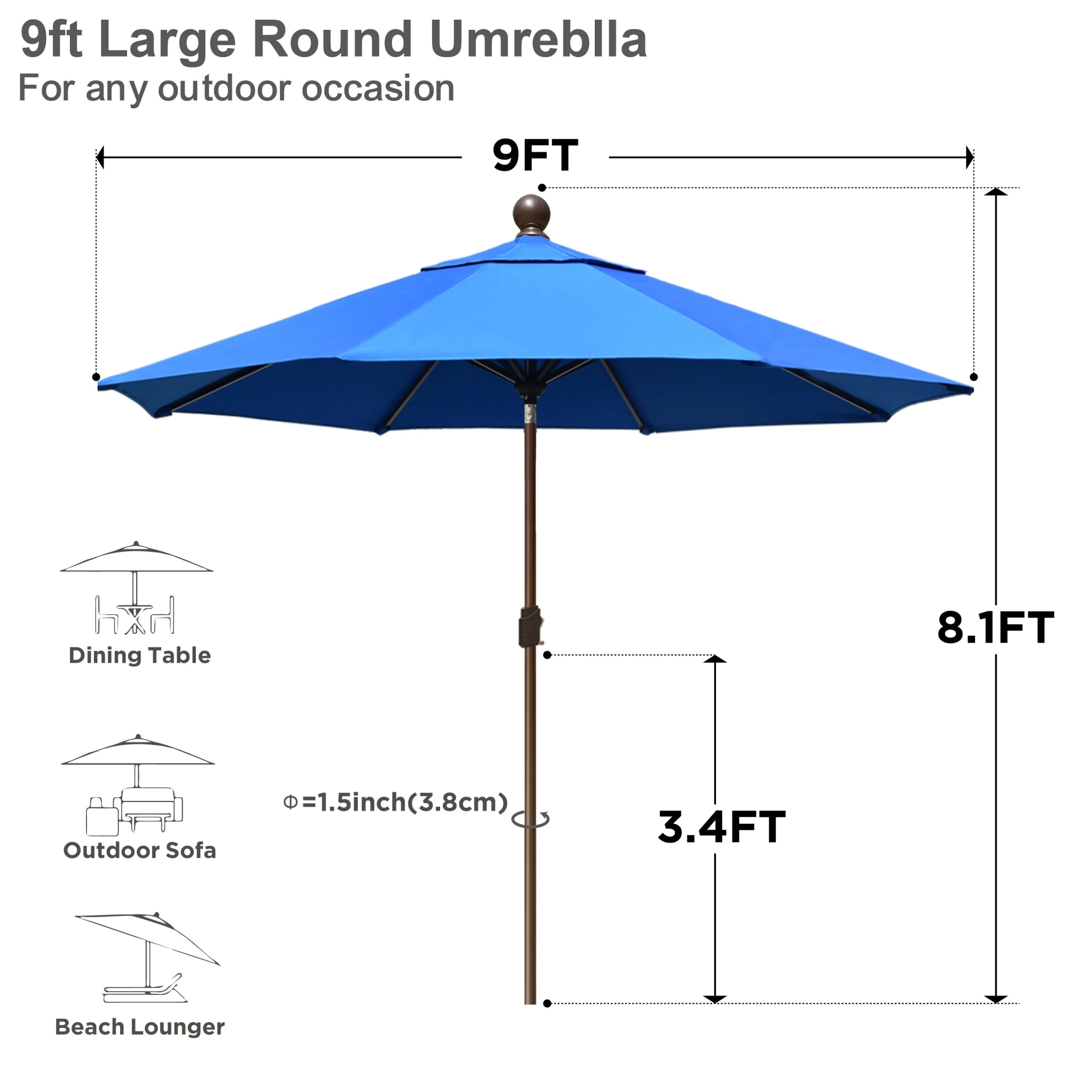 EliteShade 9Ft Market Umbrella Patio Outdoor Table Umbrella-Teal- - Image 11
