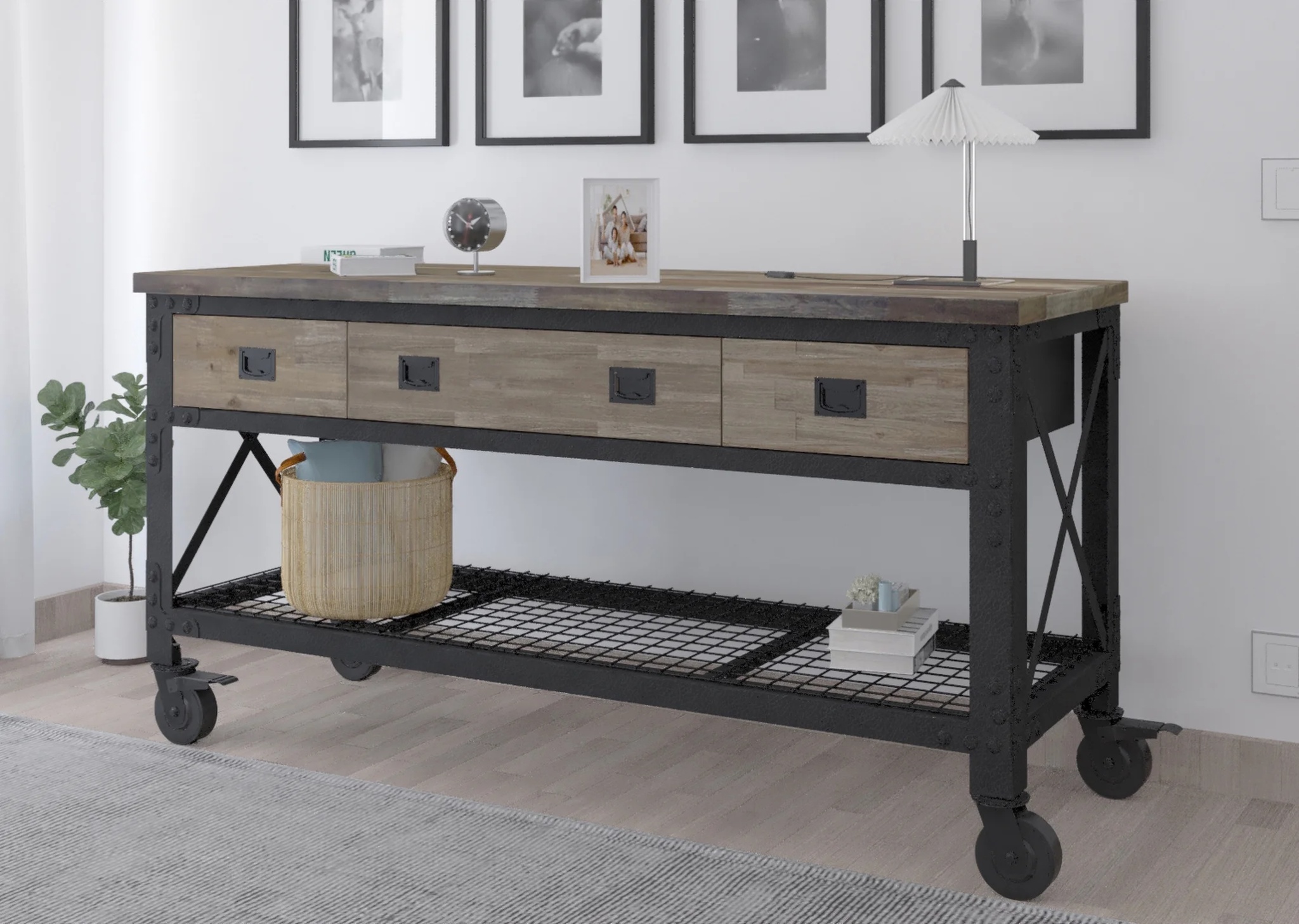 72 In x 24 In. 3 Drawer Rolling Industrial Workbench with Wood Top - Aged Macadamia - Image 2