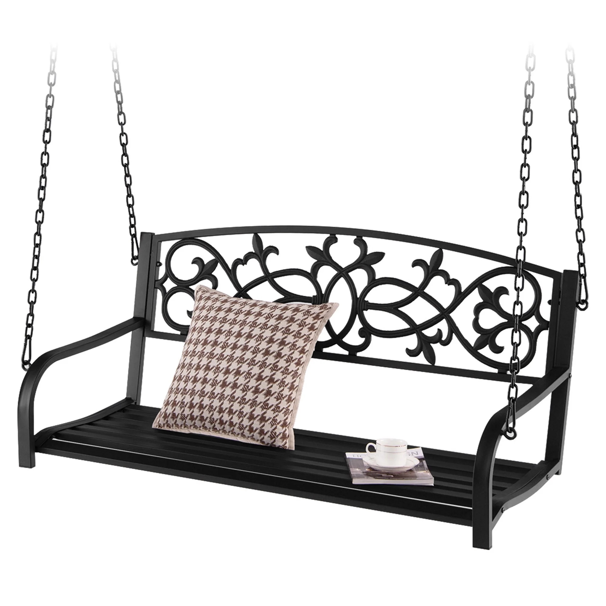 Gymax Patio Hanging Porch Swing 2-Person Outdoor Metal Swing Bench Chair w/ Chains Brown - Image 20