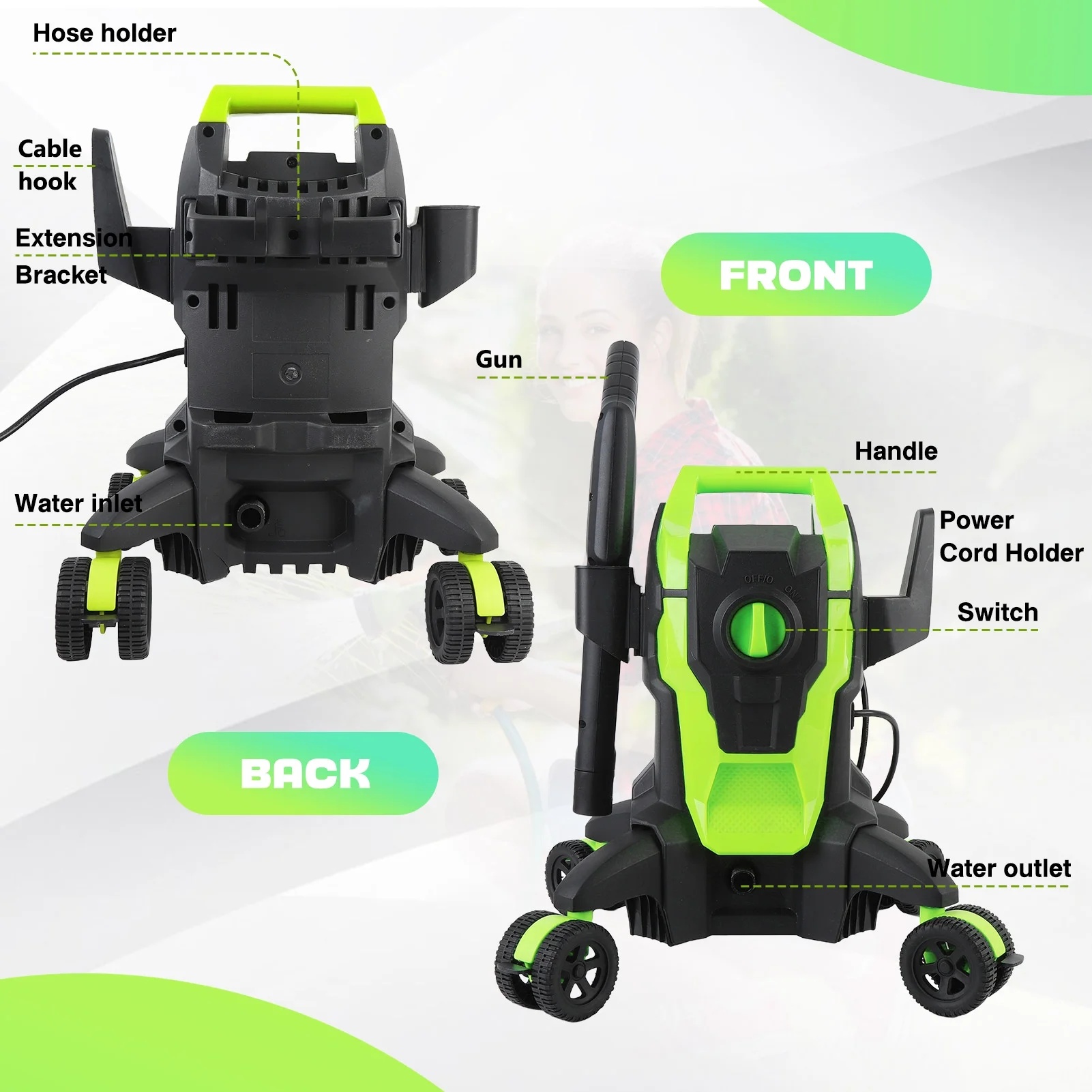 Electric Pressure Washer, 4000PSI Max. 2.8 GPM Power Washer w/ 32 ft Hose and 32 ft Power Cord, 4 Quick Connect Nozzles, 4 Wheels, Foam Cannon, Suitable For Clean Cars, Patios, Driveways - Image 9