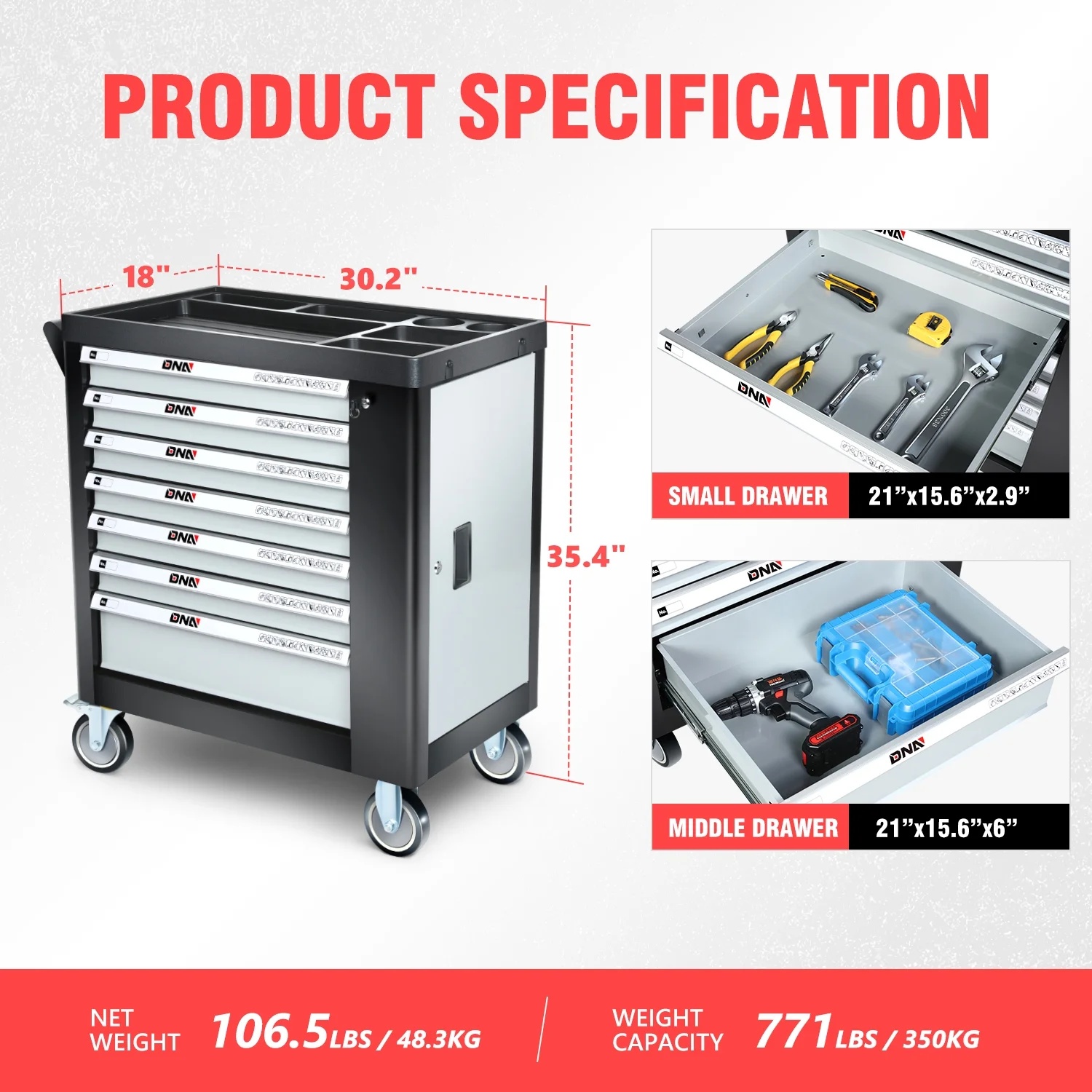 7-Drawers Rolling Tool Chest Cabinet with Casters, Locking System, Top Worktop, for Garage Warehouse Workshop, Grey - Image 2