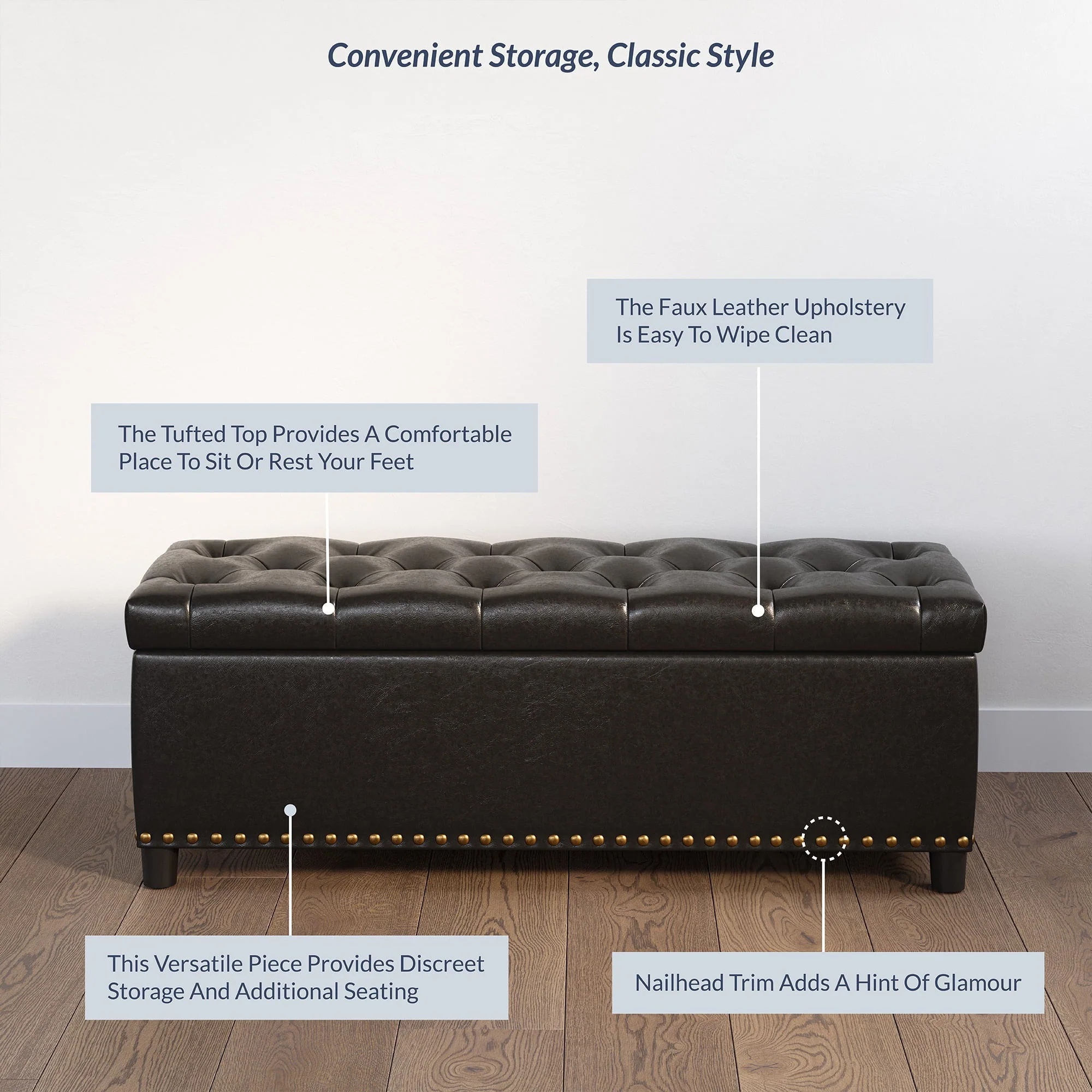 BELLEZE Button-Tufted Storage Ottoman Bench - Brentwood (Dark Brown) - Image 7