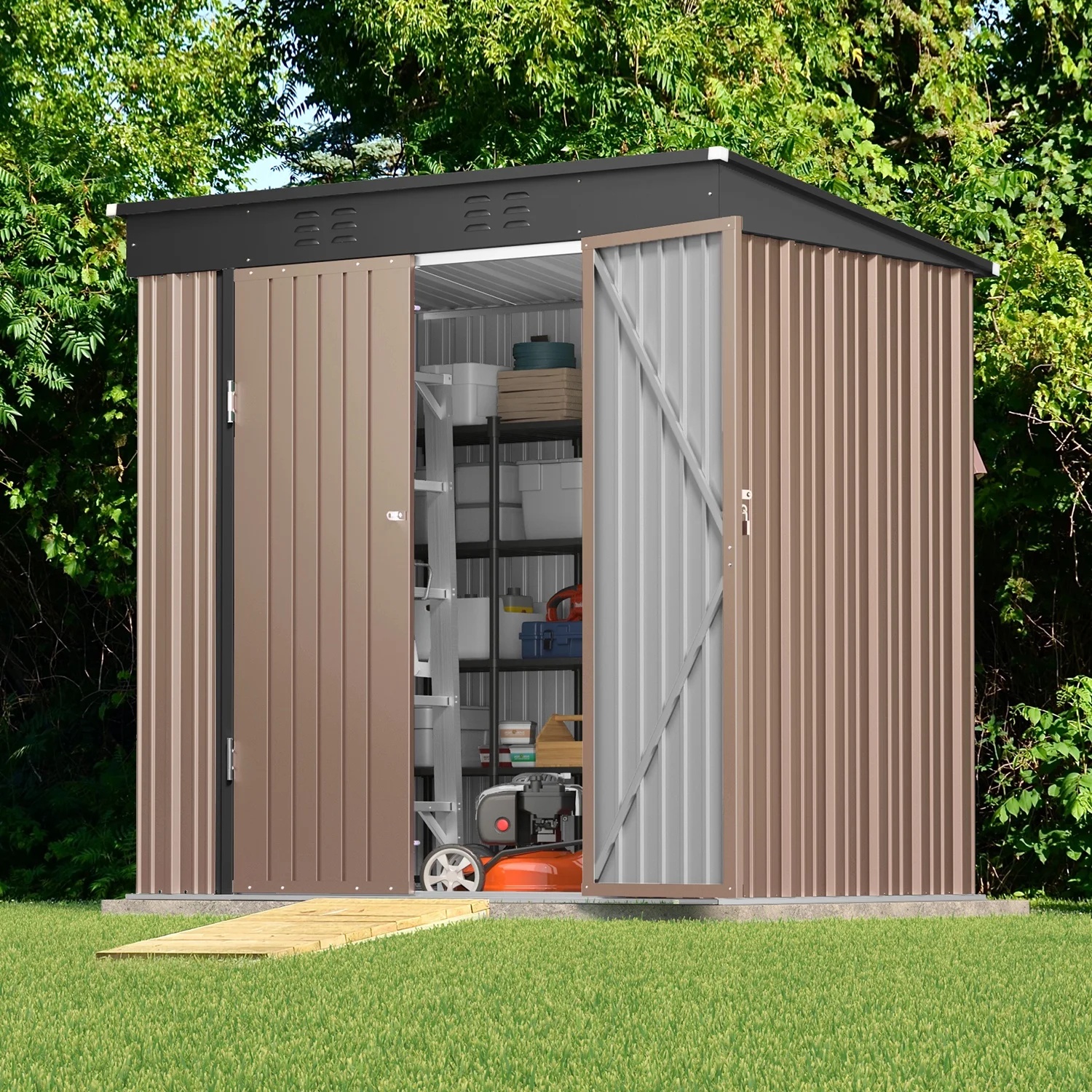 Lofka 6x4 FT Outdoor Storage Shed , Metal Garden Sheds & Outdoor Storage with Lockable Door for Backyard, Patio, Lawn, Brown - Image 2