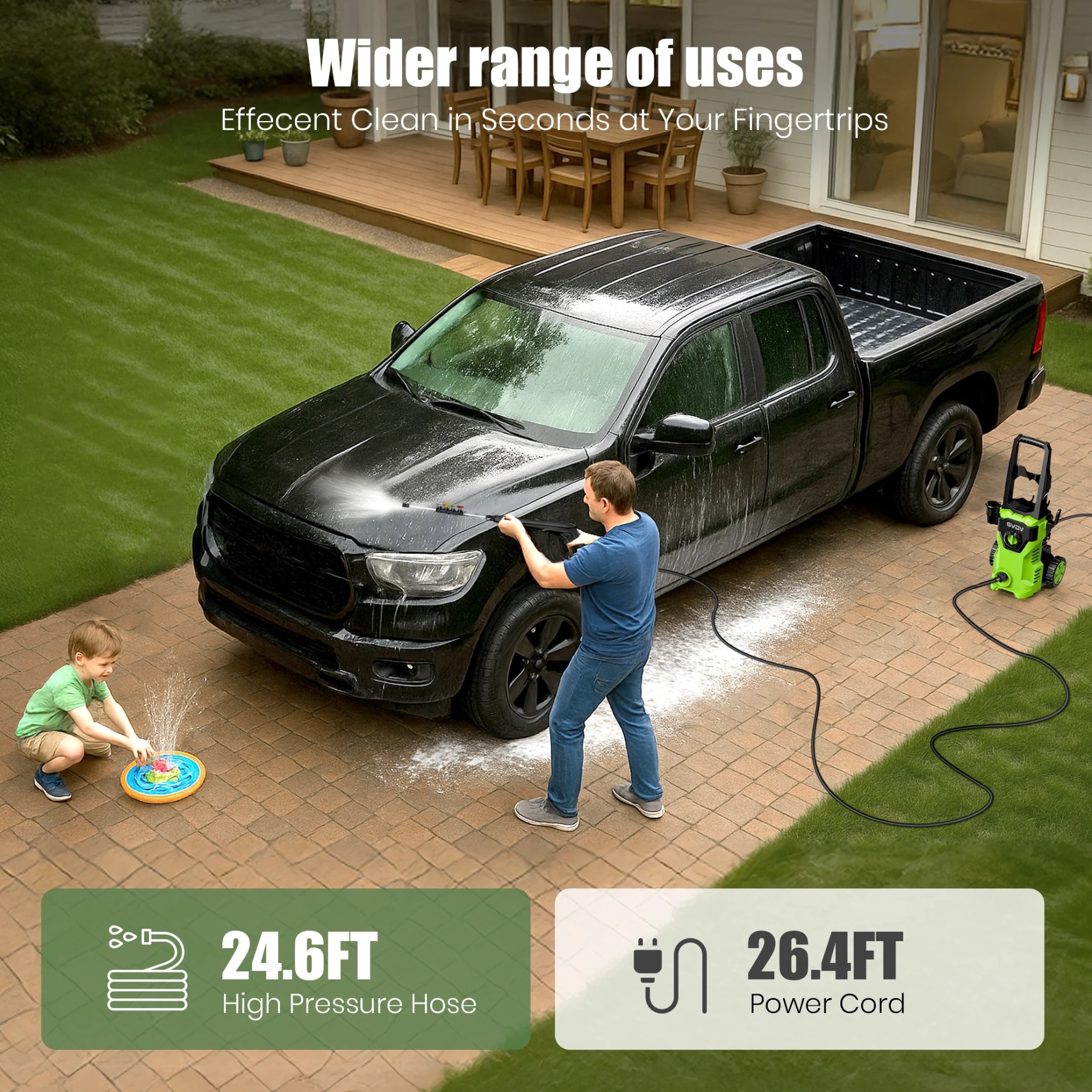 GVDV Electric Pressure Washer, 3400 PSI 2.1 GPM with Foam Cannon & 5 Nozzles, 26.4ft Cord & 24.6ft Hose Power Washer for Patios, Cars, Decks - Image 3