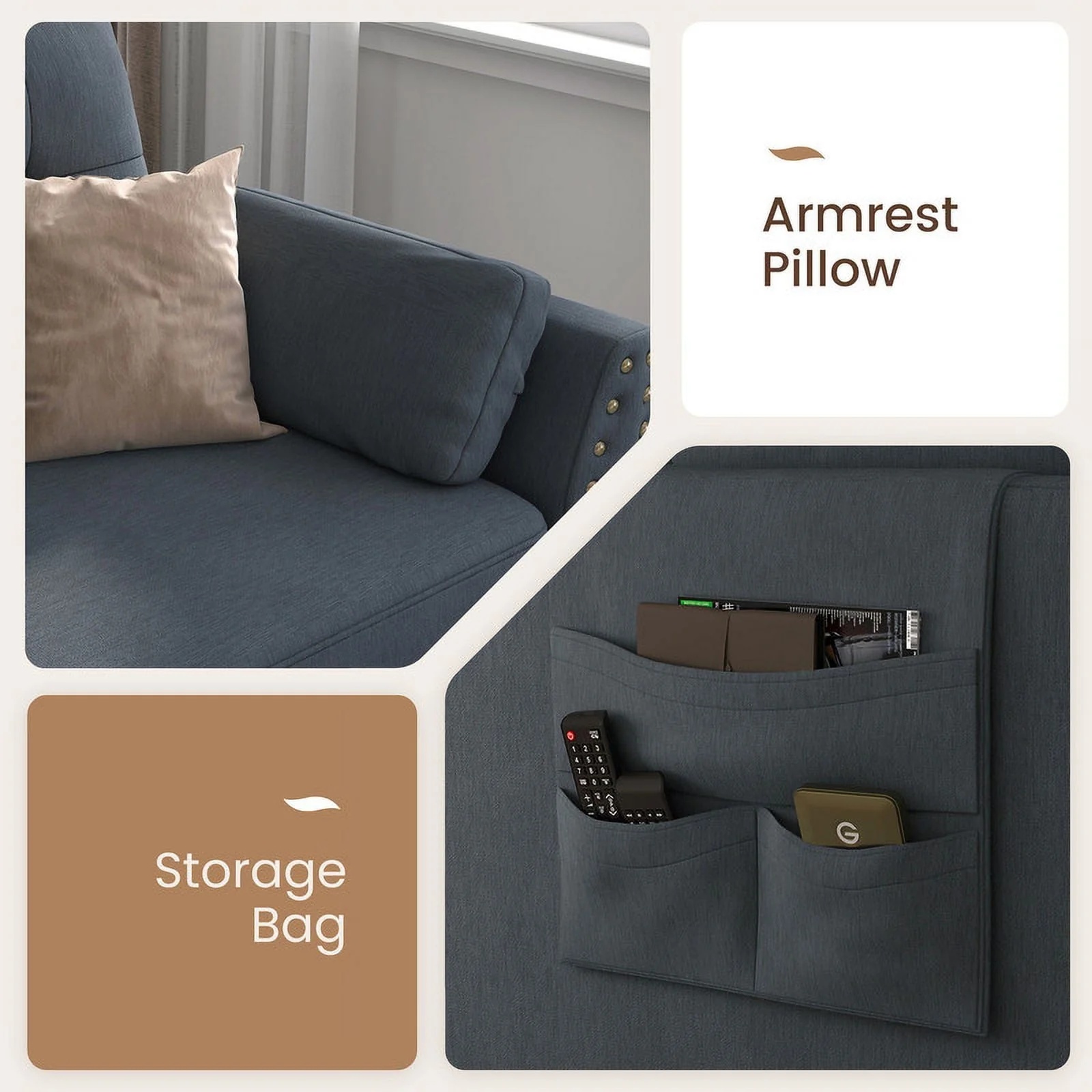 HONBAY Modern Linen Fabric with Reversible Chaise L-Shaped Sofa Couch with Storage Ottoman for Small Space Living Room, Bluish Grey - Image 4