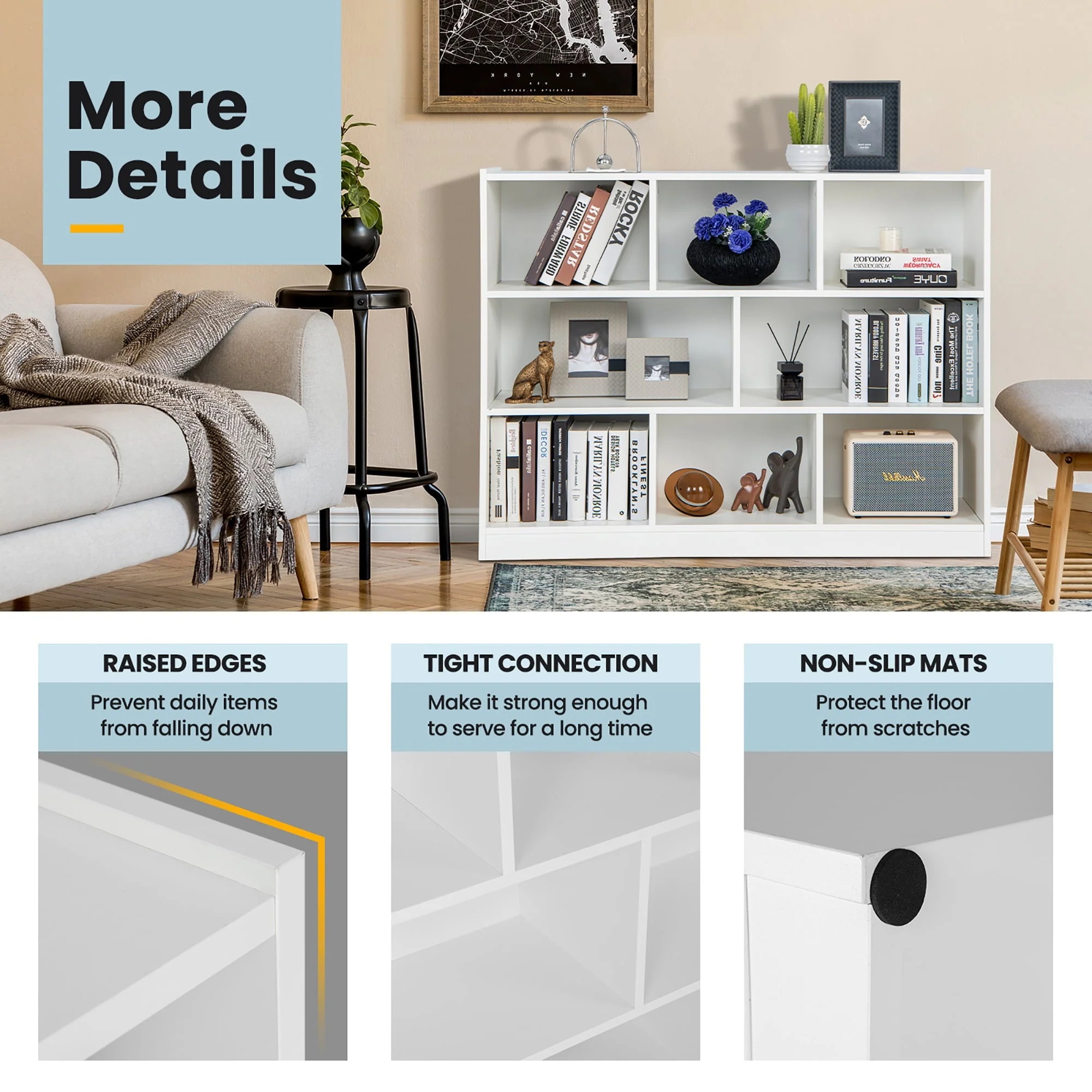 Costway 3-tier Open Bookcase 8-Cube Floor Standing Storage Shelves Display Cabinet White - Image 8