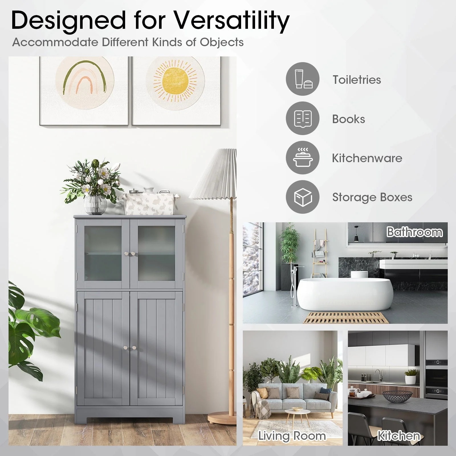 Topbuy Bathroom Storage Cabinet Freestanding Storage Cabinet w/ 4 Doors Wooden Kitchen Cupboard w/ Adjustable Shelf - Image 7