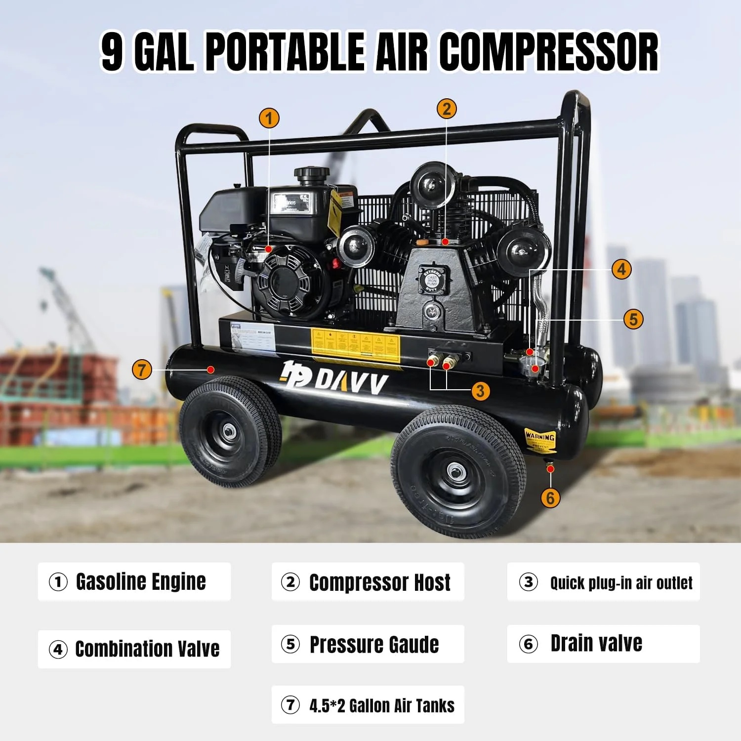 HPDAVV 6.5HP 120 PSI One Stage Gas Driven Piston Air Compressor 20 gal - Image 4