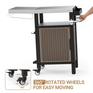 Only Fire Outdoor Grill Cart with Storage, Side Shelf & Wheels, Stainless Steel, 35"L×22"W×36"H