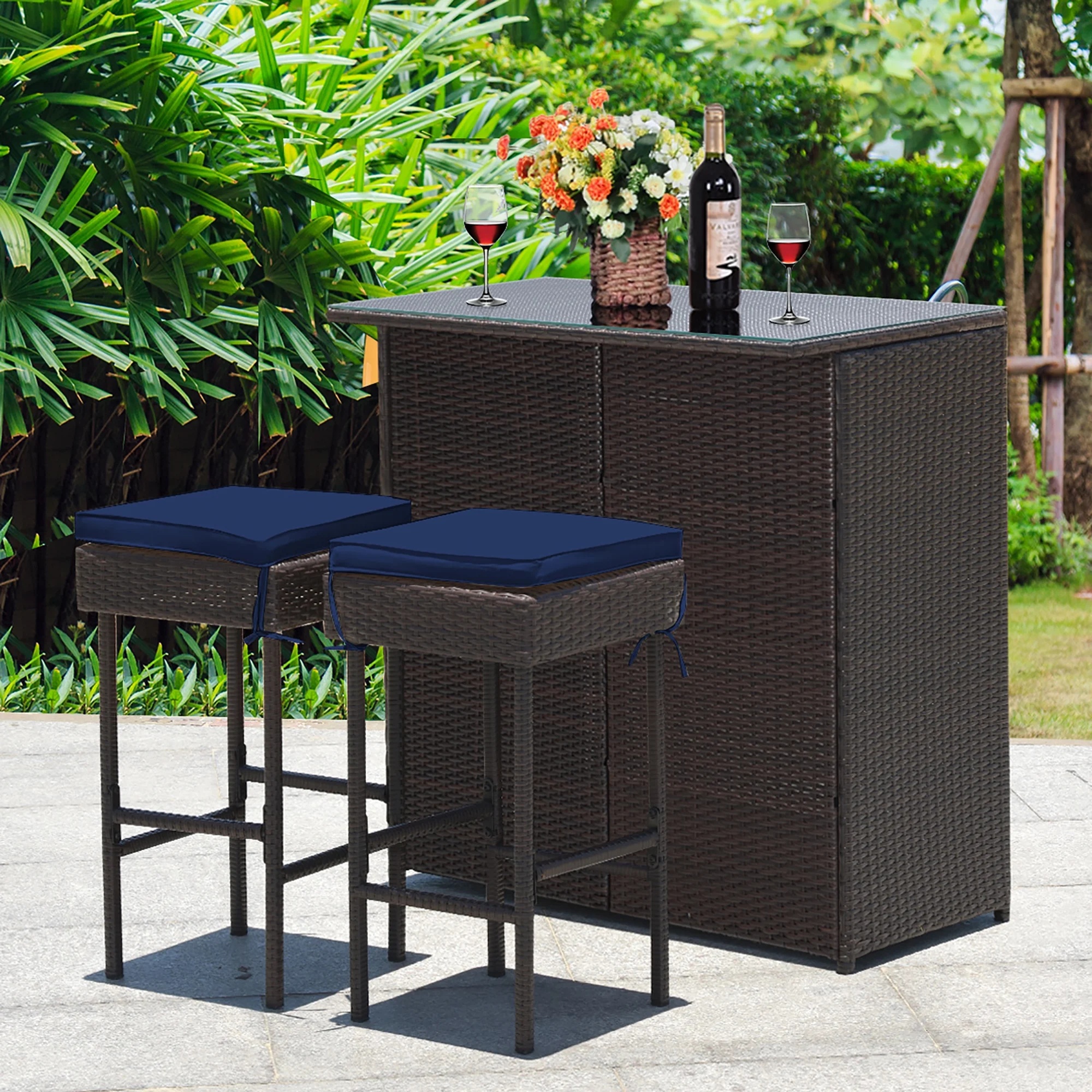 Costway Patio 3PCS Rattan Bar Table Stool Set Cushioned Chairs with Gray & Off white Cover - Image 16