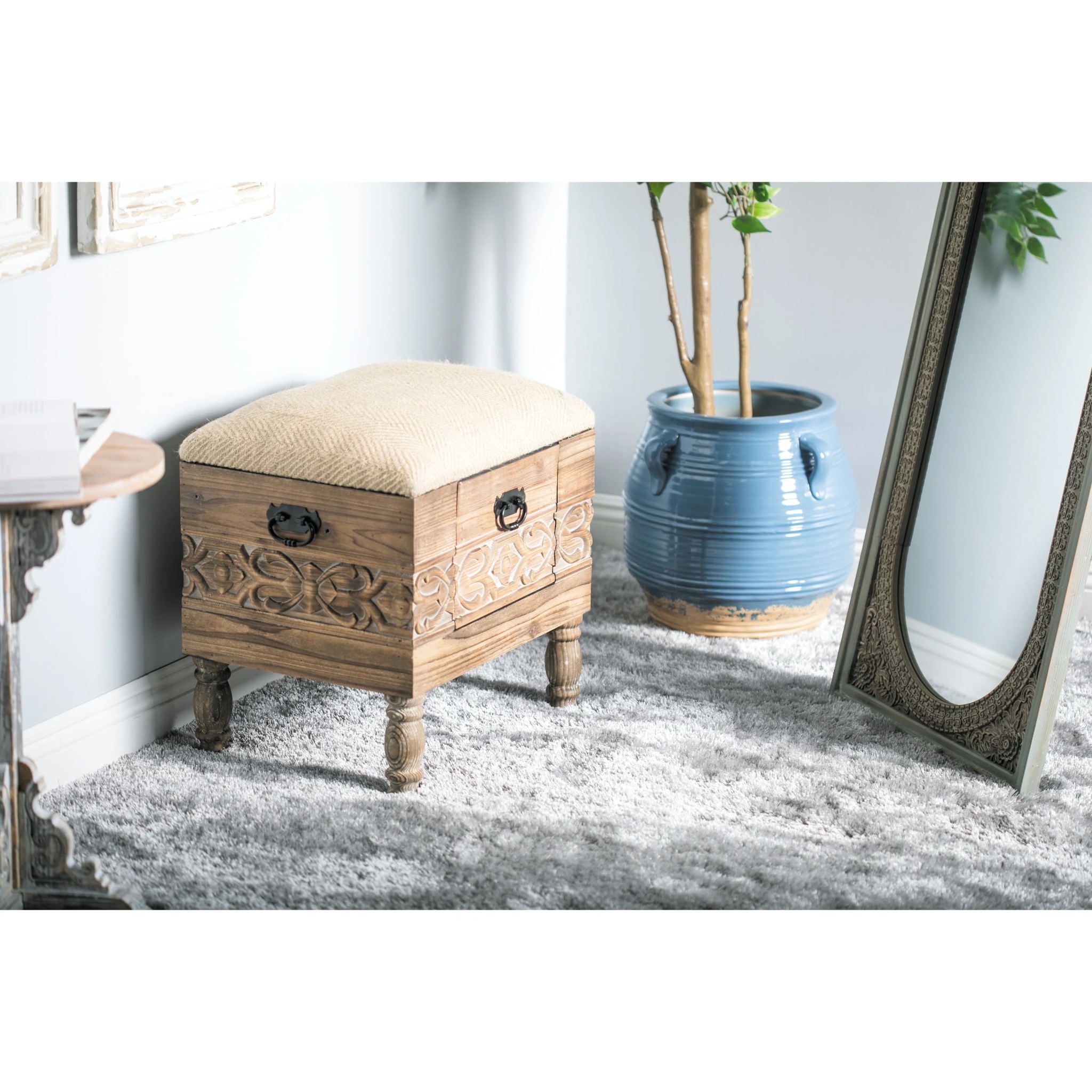 DecMode Wood Floral Intricately Carved Storage Stool with Cream Burlap Top, Beige - Image 3