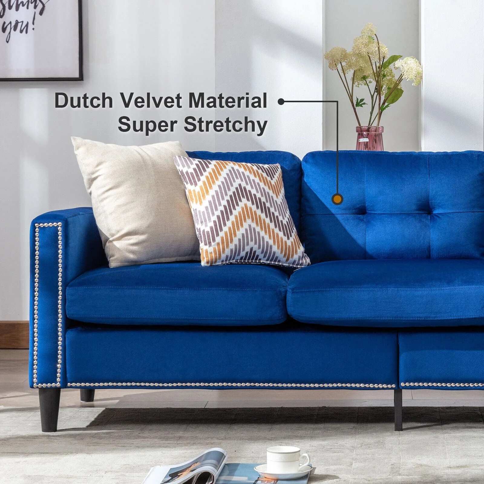 COSVALVE 78" Blue Sectional Couch Velvet Combination L Shaped Sofa with Removal Ottoman, USB, Pocket Storage - Image 7