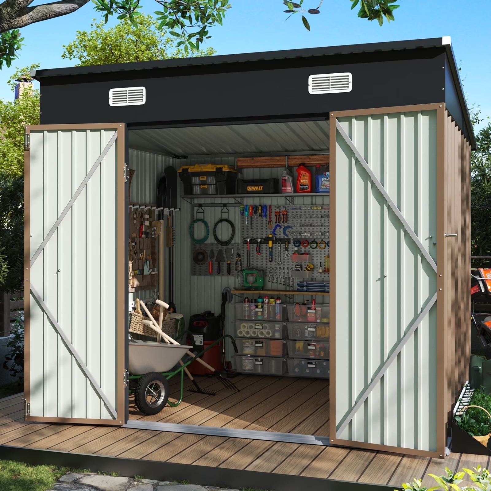 Aoxun 6' x 4' Storage Shed Lean to Storage Shed, Outdoor Metal Wall Side Storage Sheds, Outdoor Storage Cabinet for Patio, Garden, Lawn (Brown) - Image 11