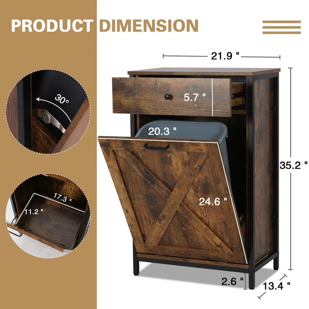 Eclife 10 Gallons Tilt Out Trash Cabinet Freestanding Floor Rustic Solid Wood Barn Door and Storage Drawer Kitchen Island - Image 7