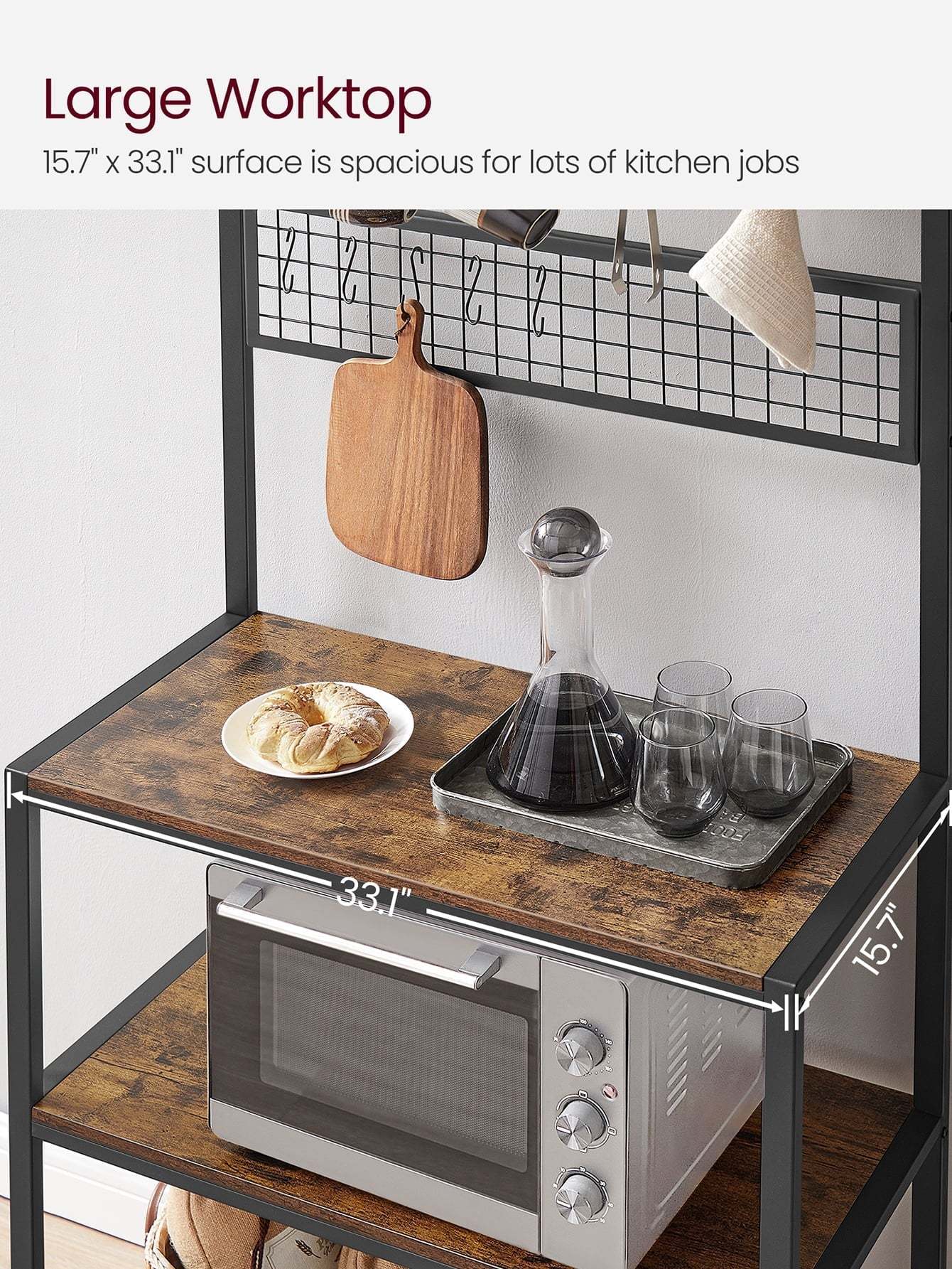 VASAGLE Kitchen Baker's Rack Coffee Bar Storage Shelf Island Rack Microwave Stand with 10 Hooks 3 Shelves Rustic Brown and Black - Image 9