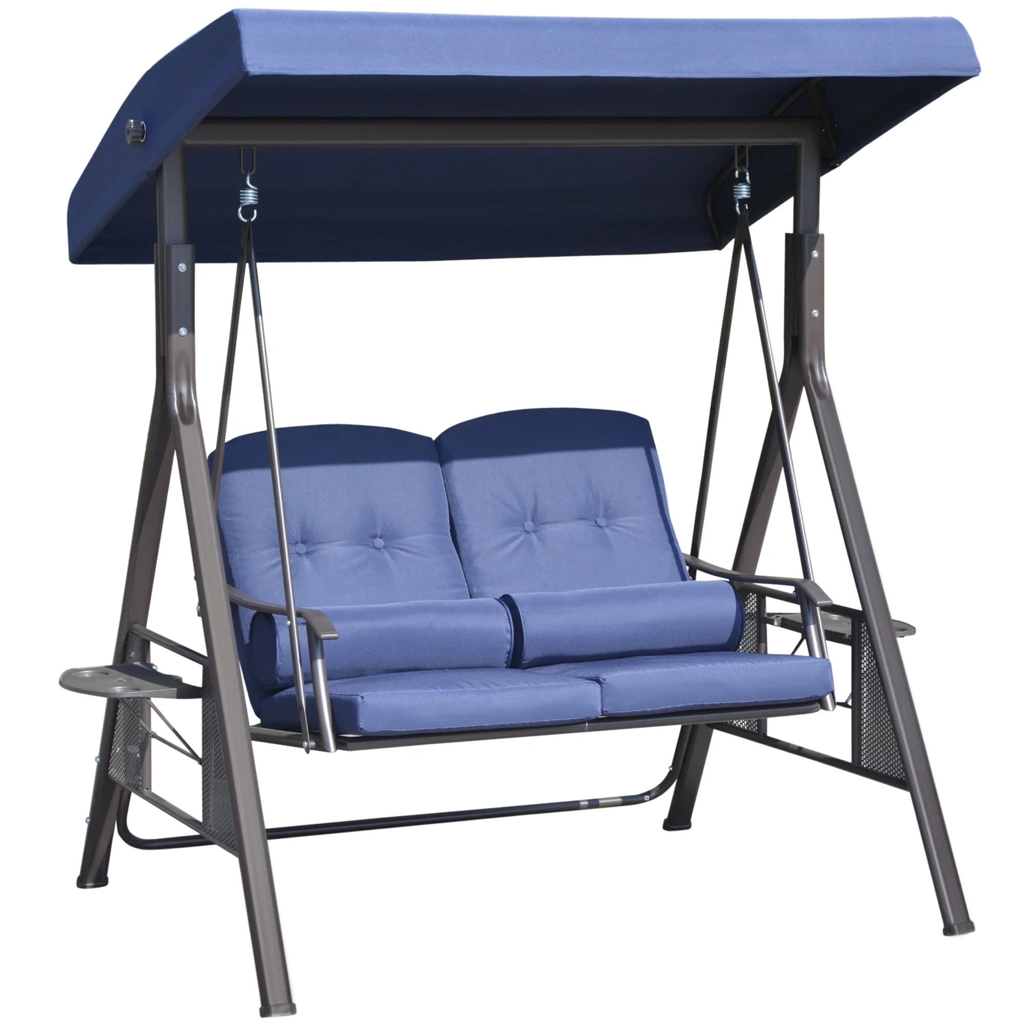 Outsunny 2-Person Patio Swing Bench with Adjustable Shade Canopy, Soft Cushions, Throw Pillows and Tray, Beige. - Image 11
