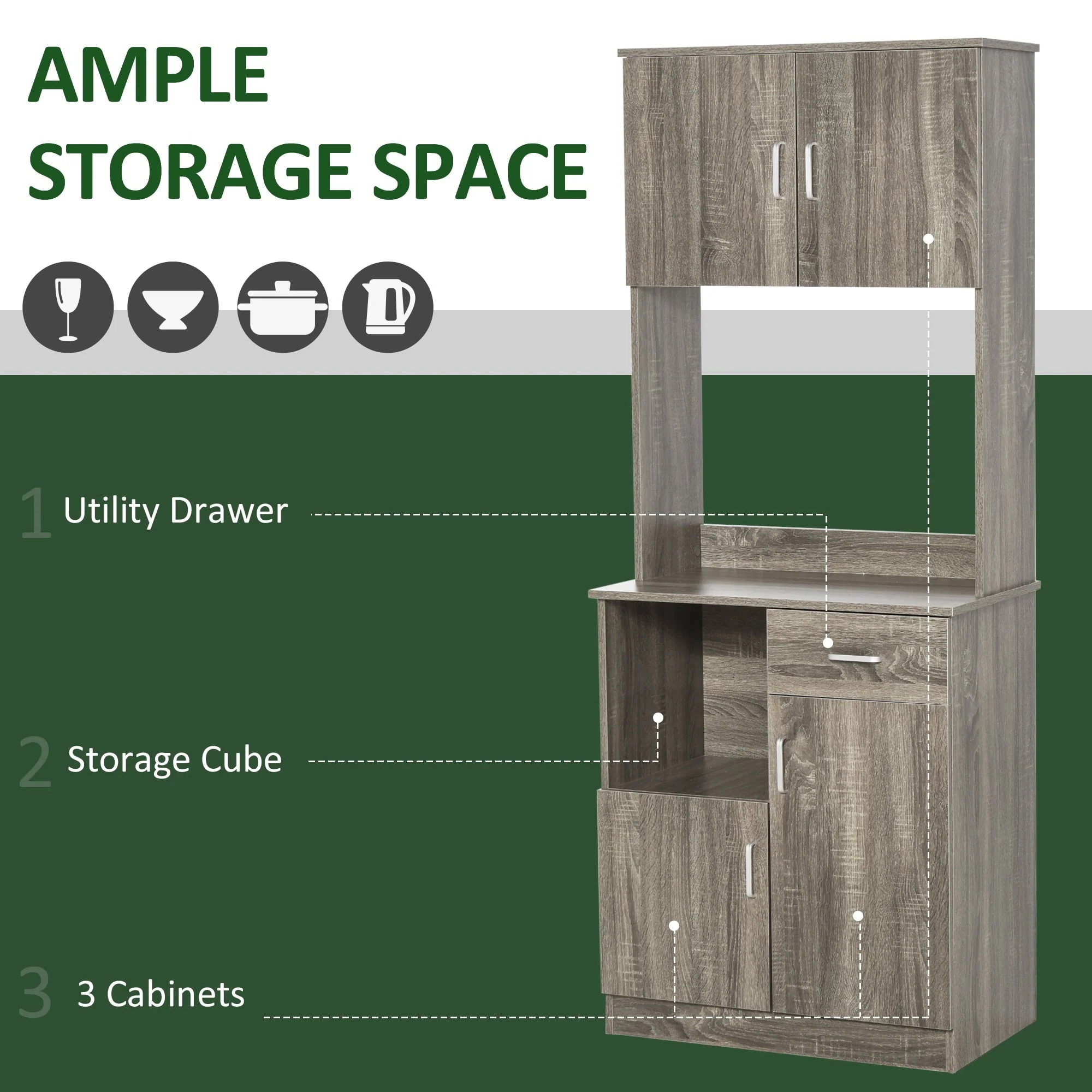 HOMCOM Kitchen Pantry Storage Cabinet with Microwave Stand, Buffet with Hutch, Door Cupboards, Drawer and Adjustable Shelves, Gray - Image 8