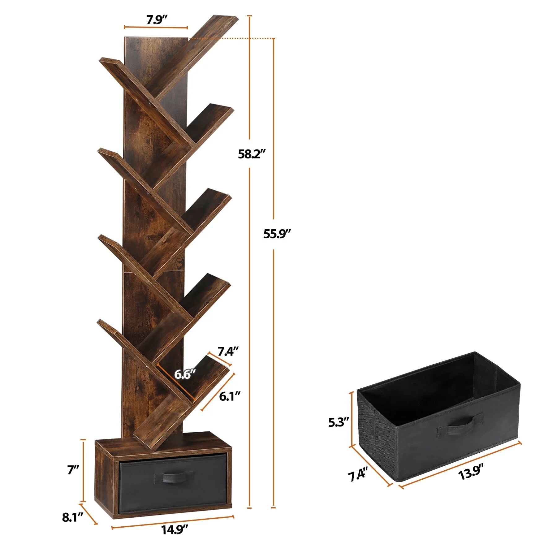 HomGarden 9 Tier Tree Bookshelf Modern Storage Rack Floor Bookcase W/Drawer, Rustic Brown - Image 3