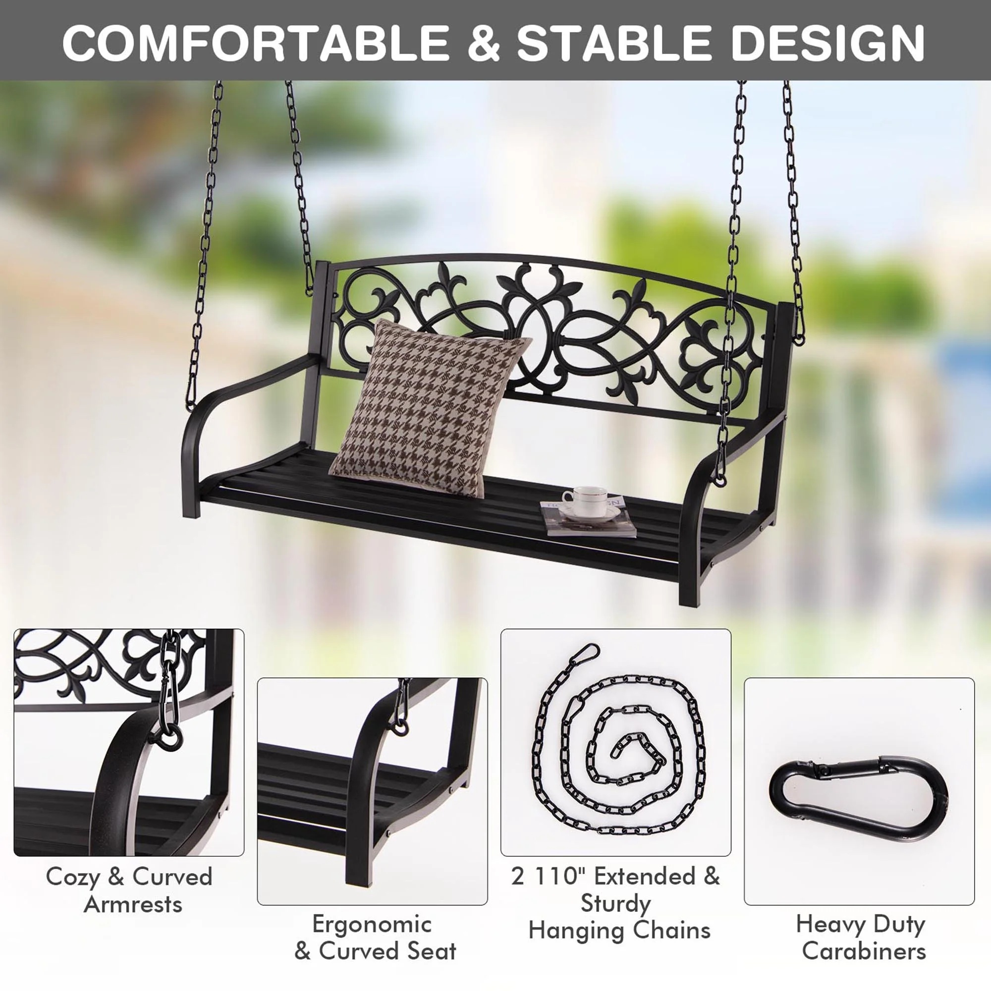 Gymax Patio Hanging Porch Swing 2-Person Outdoor Metal Swing Bench Chair w/ Chains Brown - Image 10