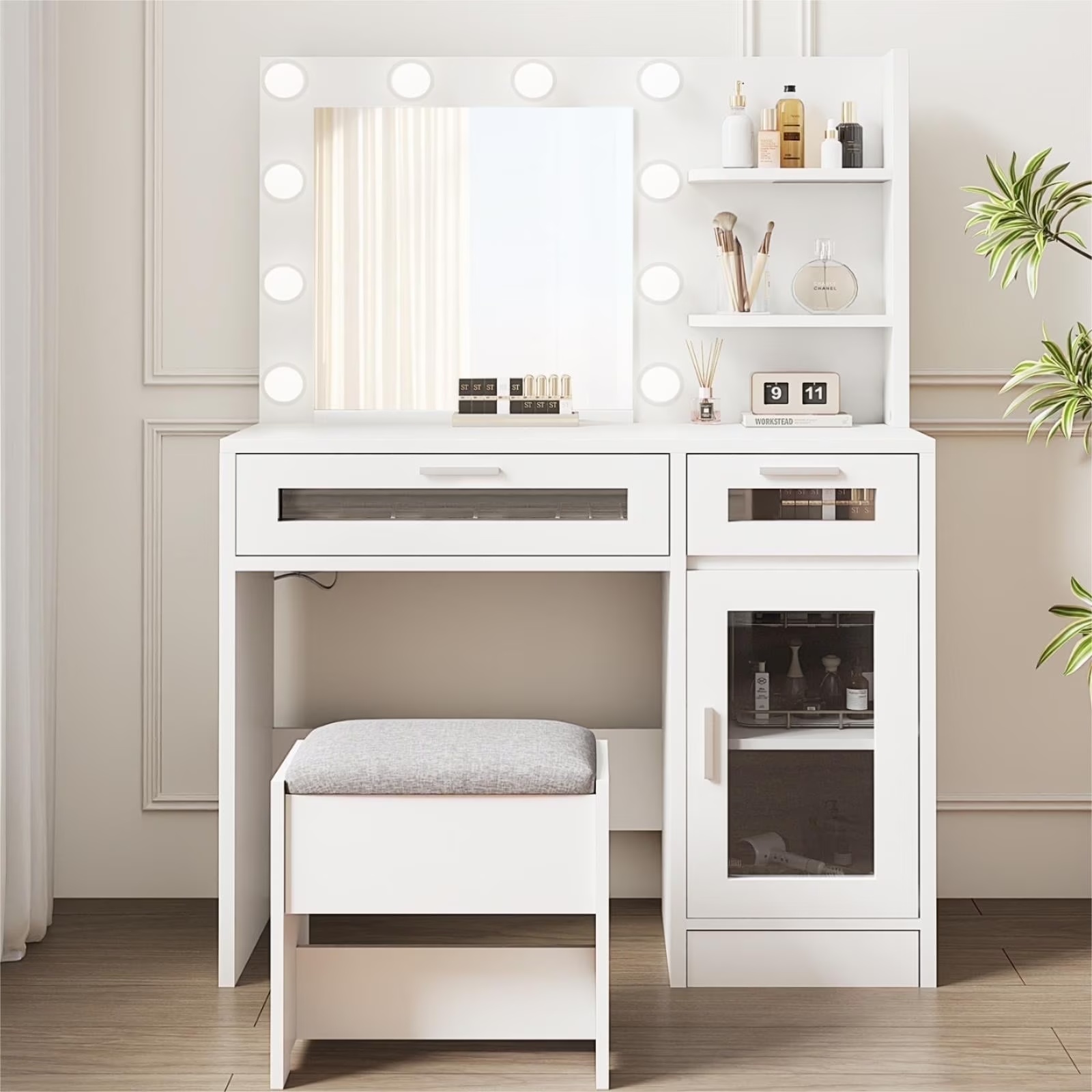 LIVELYGLOW Vanity Desk with Mirror and Lights, Makeup Vanity with Drawer & Storage Shelves, Cabinet, 3 Lighting Modes Adjustable Brightness,White - Image 13