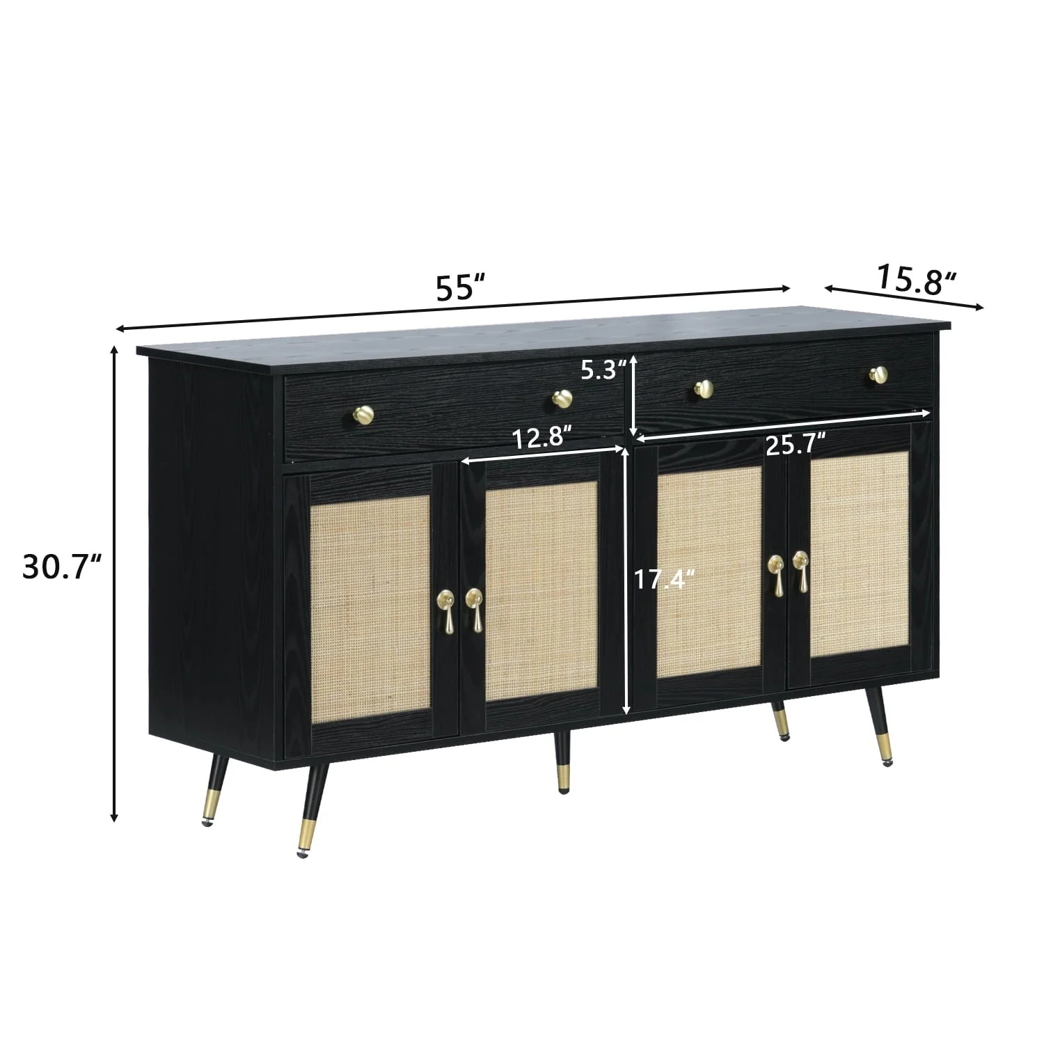 Catrimown Sideboard Buffet Cabinet, 2 Drawer and 4 Rattan Door Sideboard Storage Cabinet, Black - Image 6