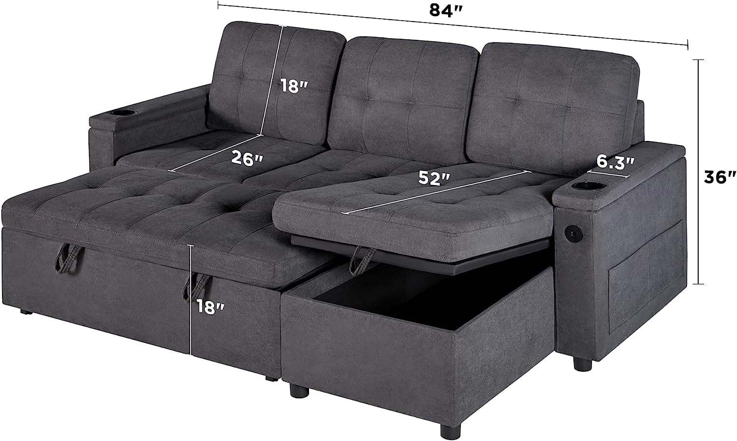 Papajet Sleeper Sofa, Modern Tufted Convertible Sofa Bed, USB Charging Ports & Cup Holders, L Shaped Sofa Couch with Storage Chaise, Linen Couches for Living Room (Dark Grey) - Image 2