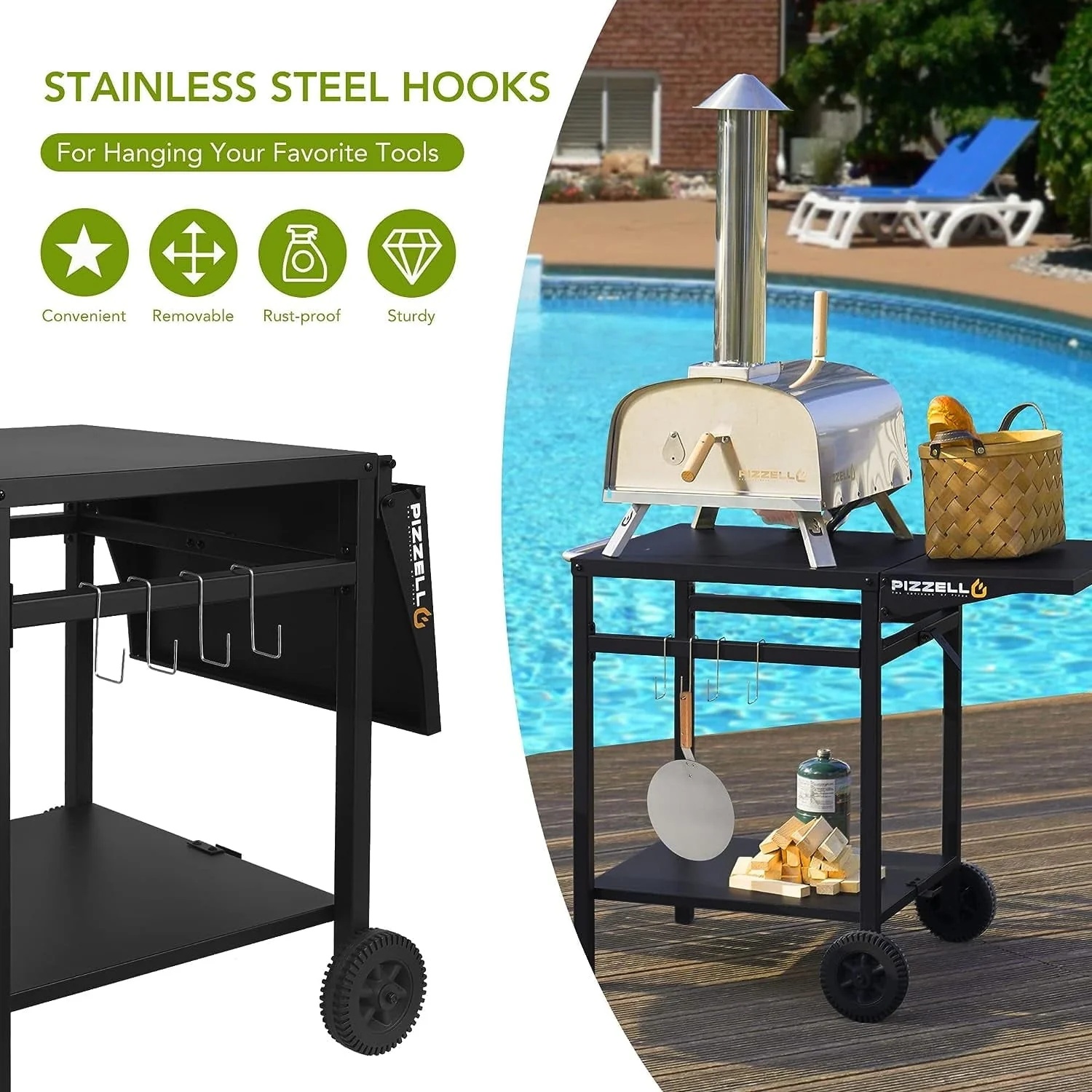 Pizzello Outdoor Bar Cart with Storage Wheel Hook Expandable Countertop, Black - Image 2