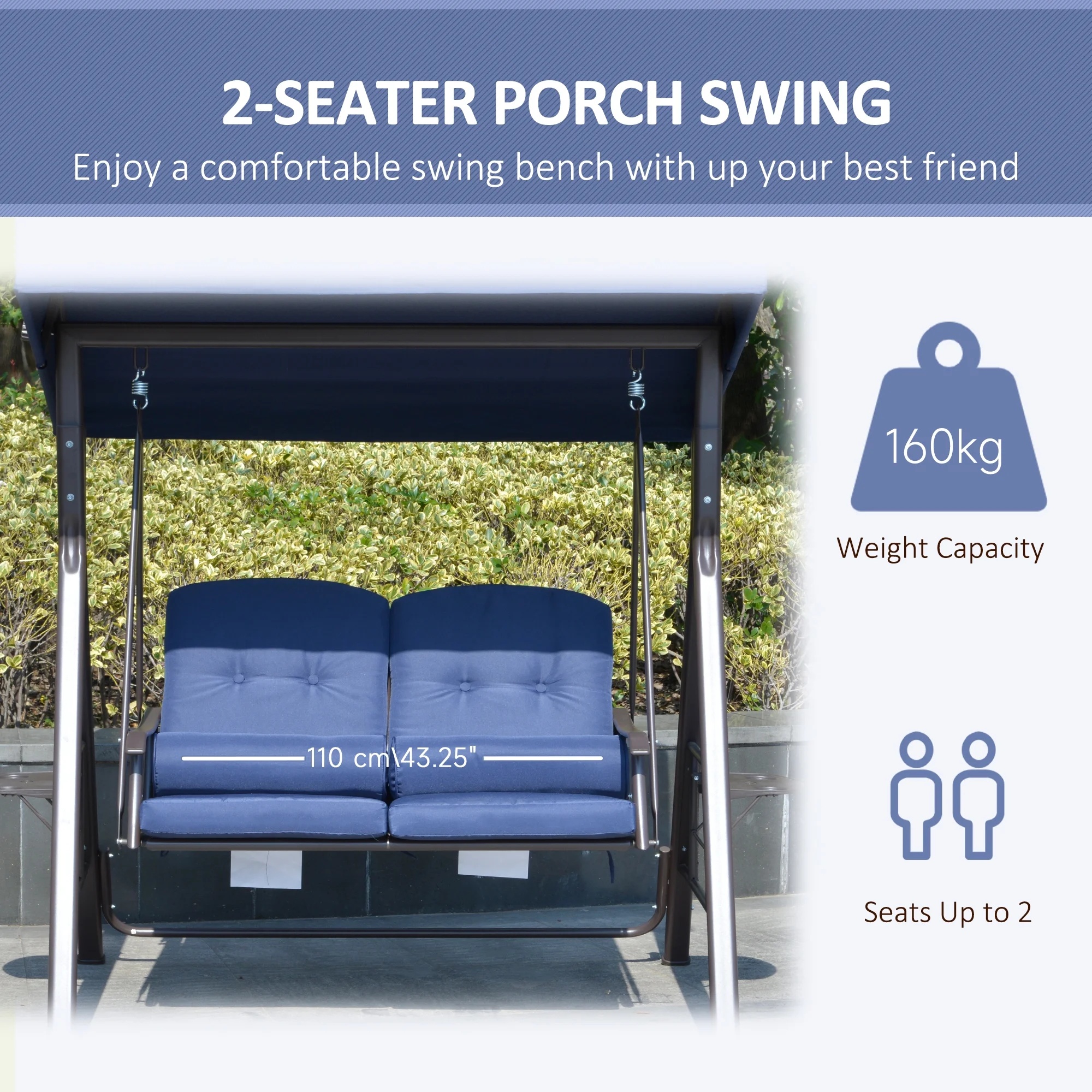 Outsunny 2-Person Patio Swing Bench with Adjustable Shade Canopy, Soft Cushions, Throw Pillows and Tray, Beige. - Image 13